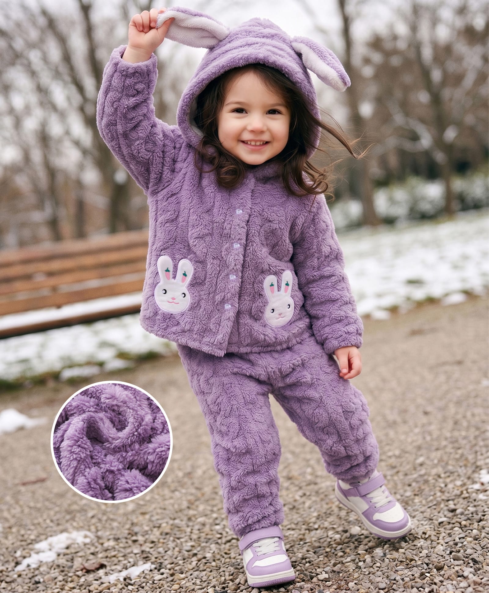 Mark & Mia Full Sleeves Hooded Winter Jacket & Lounge Pant Set with Bunny Patch - Purple-picture-20