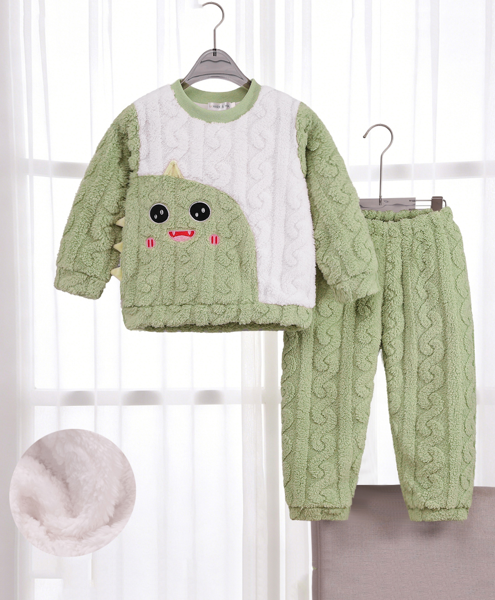 Mark & Mia Full Sleeves Winter Wear T-Shirt & Pajama Night Suit with Cable Knit Design & Monster Embroidery - Olive-image-36