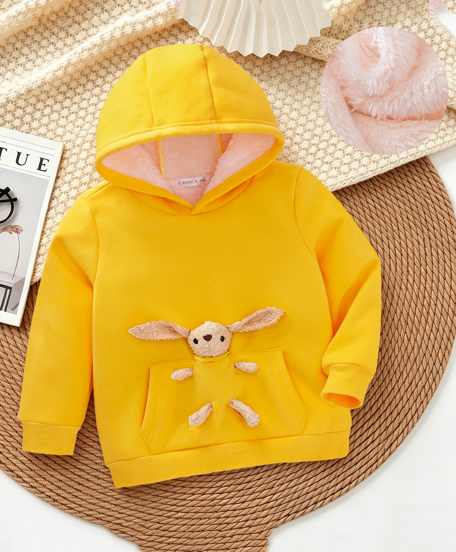 Mark & Mia Full Sleeves Hooded Solid Colour Sweatshirt With Kangaroo Pocket & Bunny Applique- Yellow-picture-10