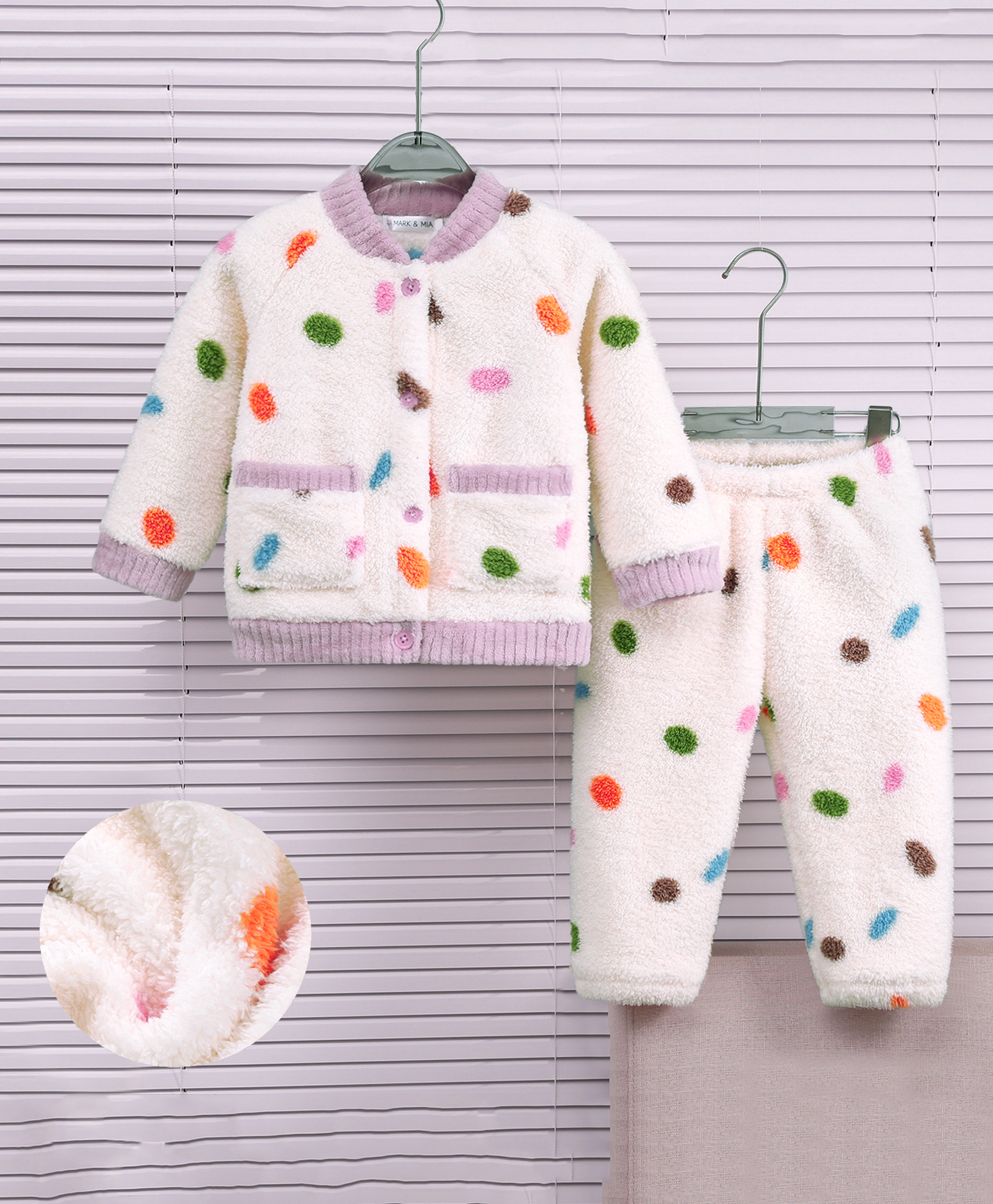 Mark & Mia Full Sleeves Polka Dots Printed Co-Ords T-Shirt & Pyjama Winter Wear Night Suit - Beige-image-48