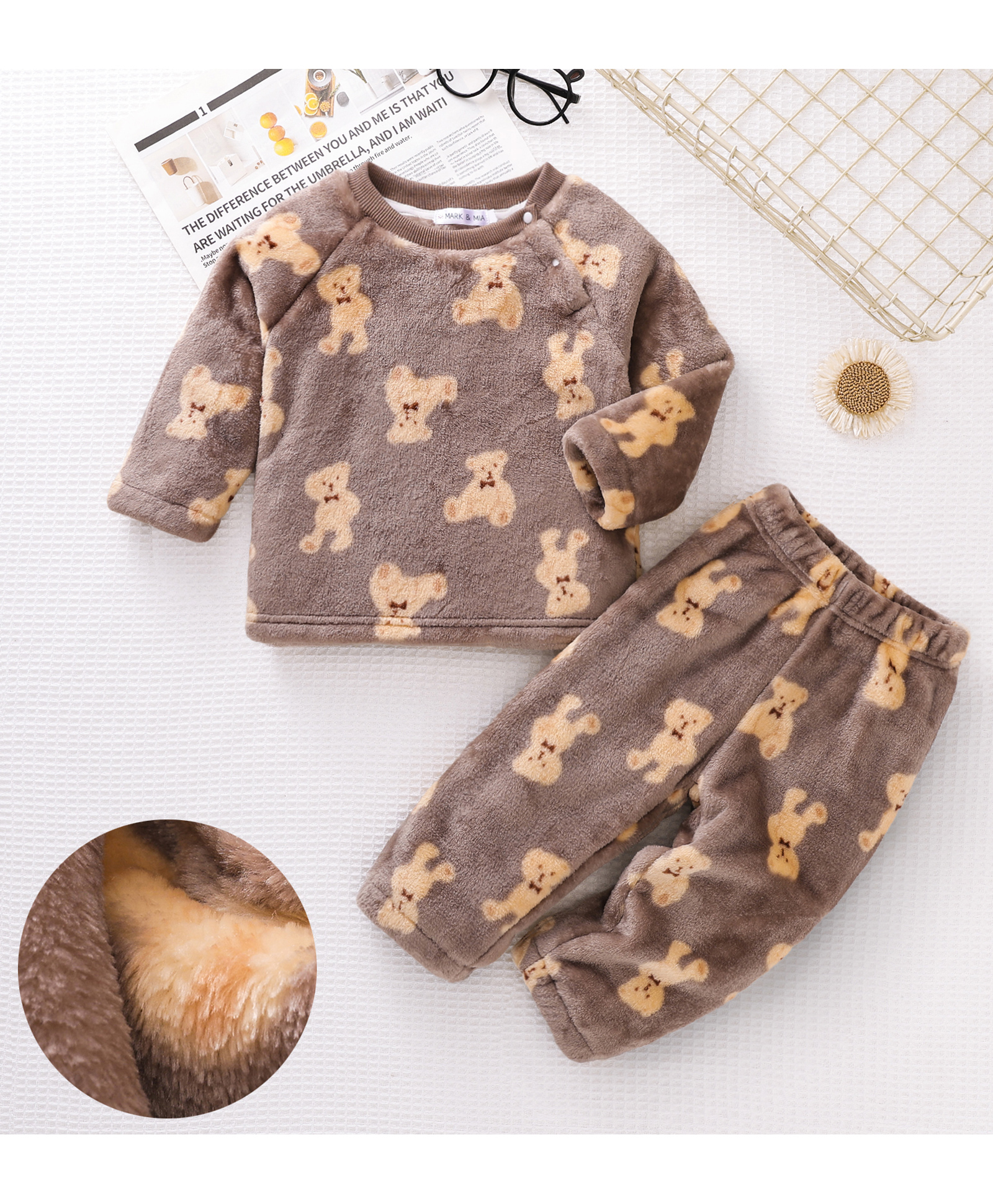 Mark & Mia Raglan Full Sleeves Teddy Bear Printed Co-Ords T-Shirt & Pyjama Winter Wear Night Suit - Brown-image-16