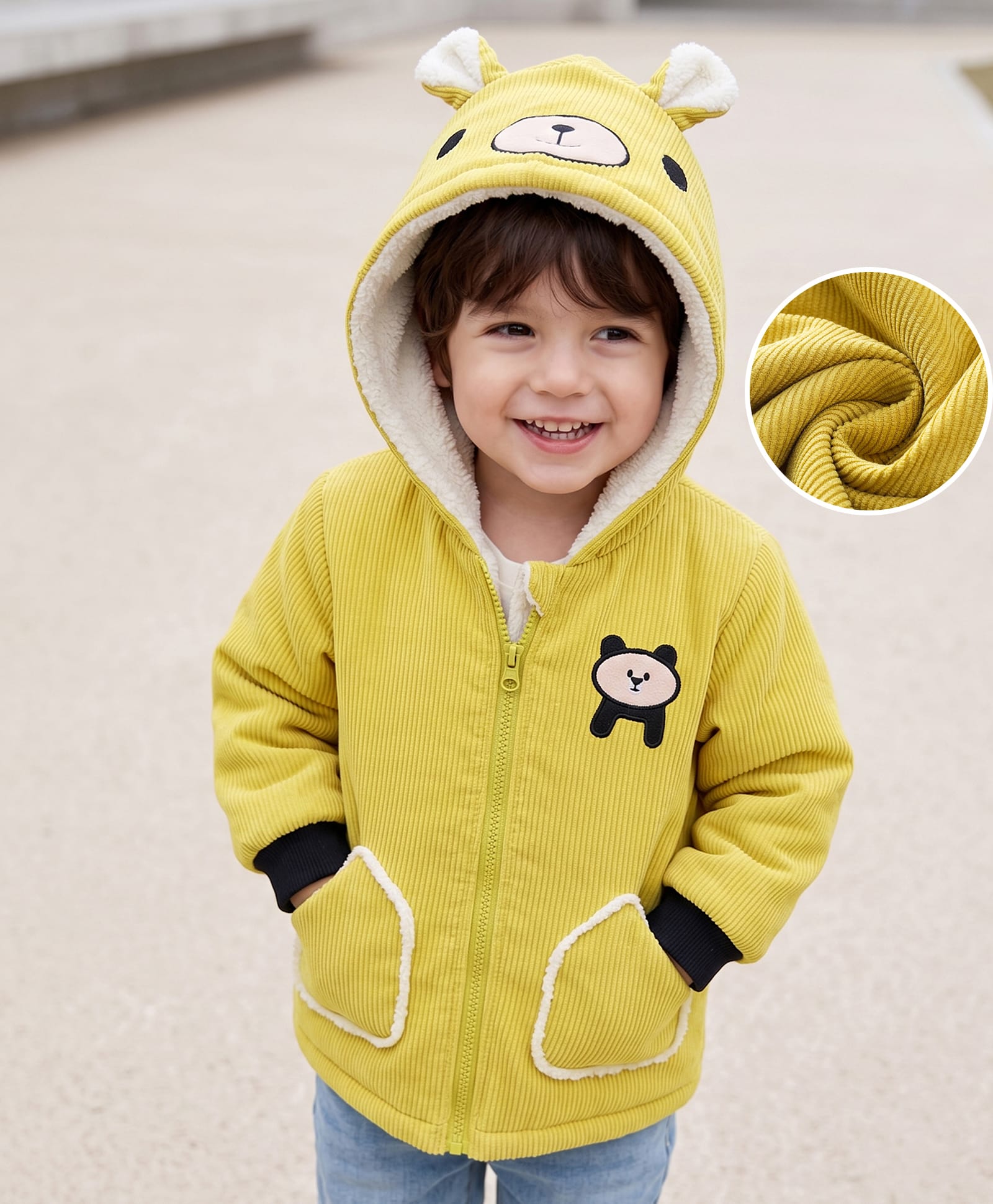 Mark & Mia Corduroy Hoodies with Full Sleeves and Bear Applique - Yellow-image-46