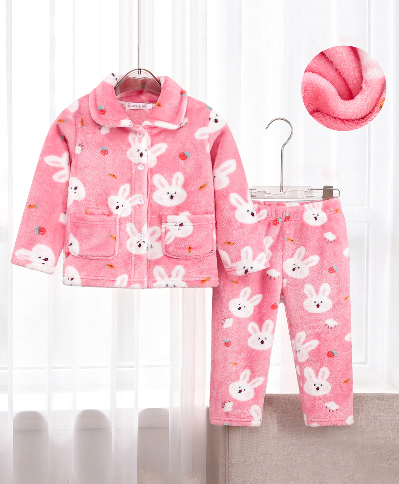Mark & Mia Full Sleeves Bunny Printed Co-Ords Shirt & Pyjama Winter Wear Night Suit - Pink-image-5