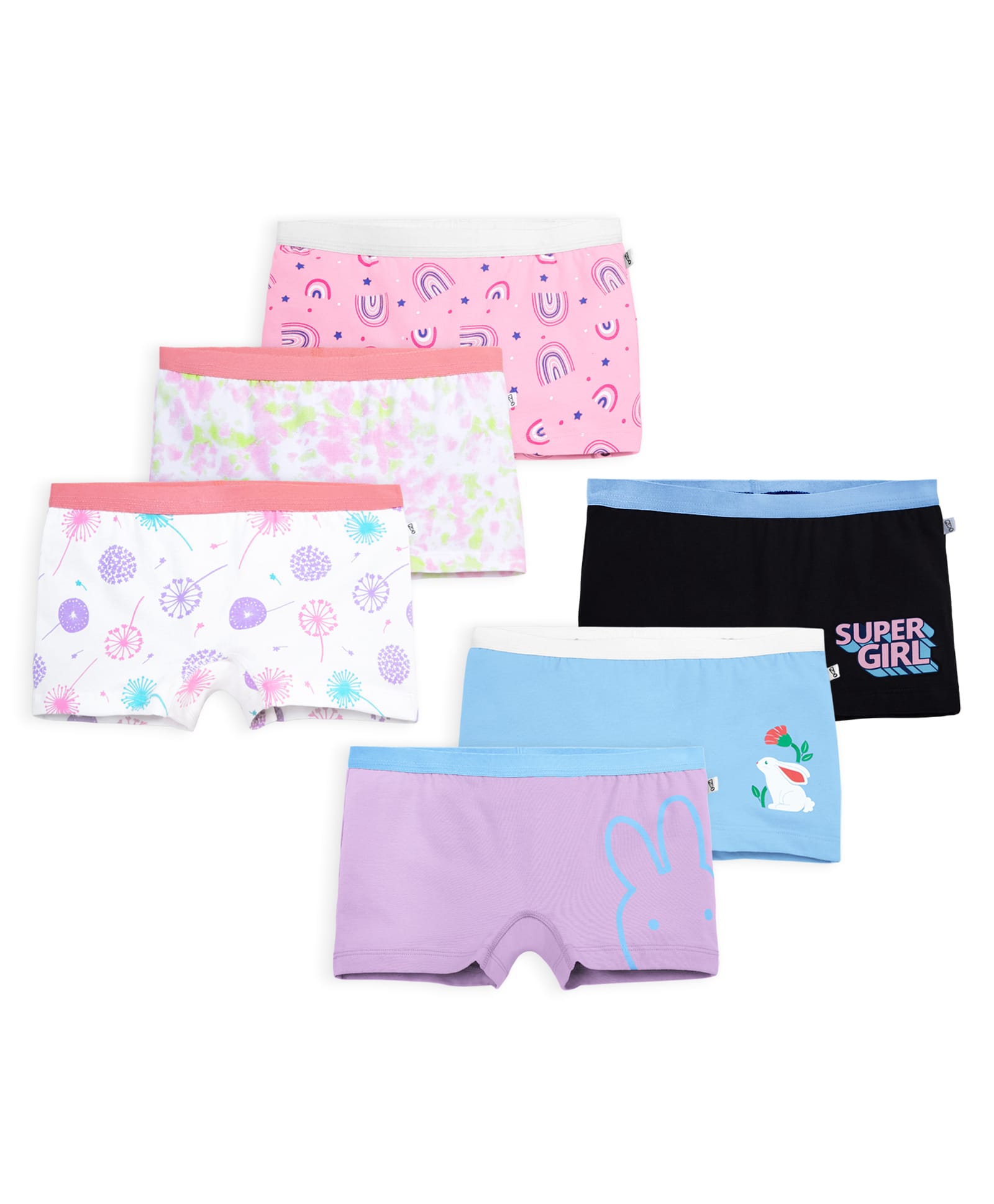 Plan B Cotton Knit Pack Of 6 Floral Bunny Star & Super Girl Text Printed Panties - Multi Colour-image-45