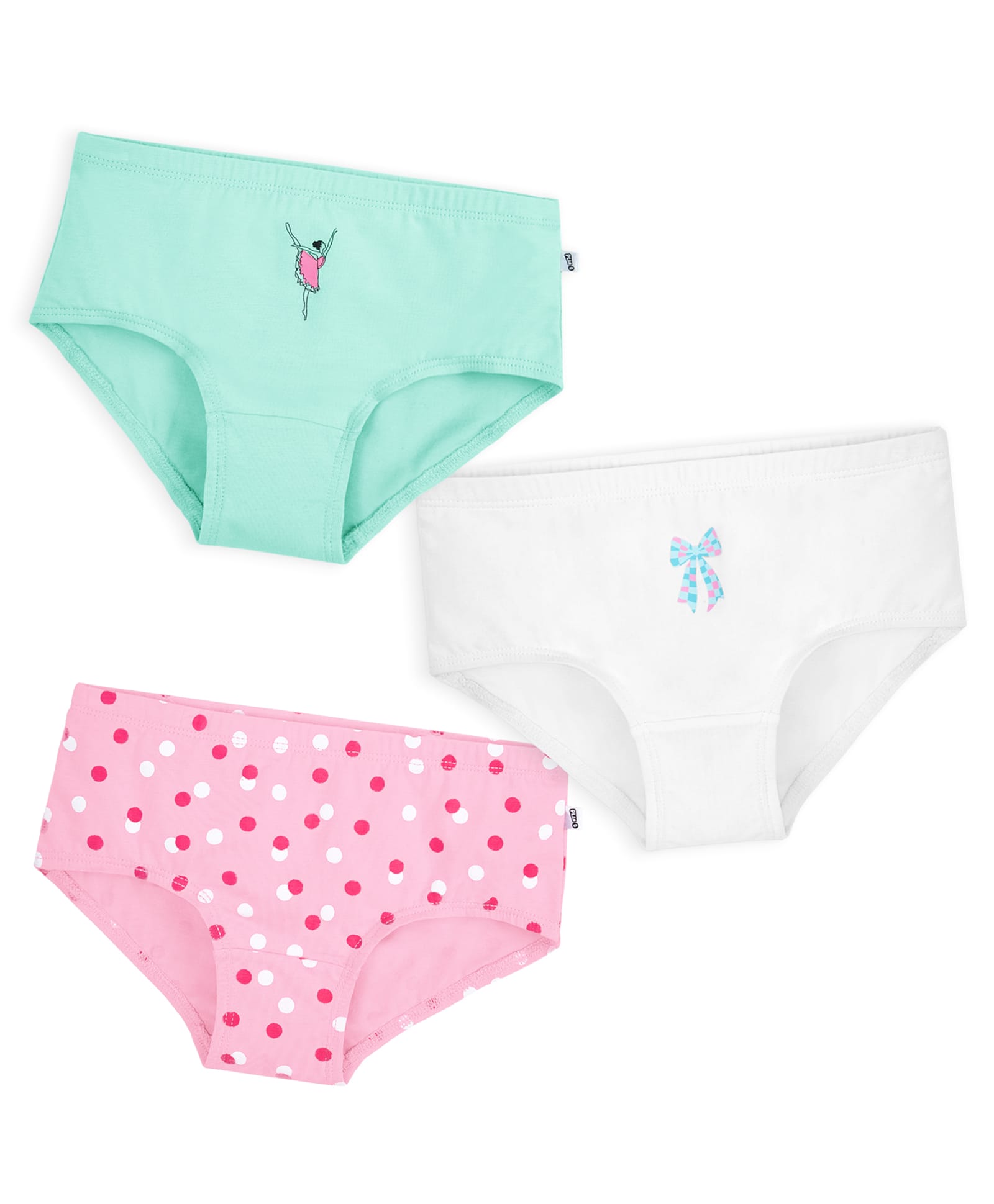 Plan B Cotton Knit Pack Of 3 Girl Bow & Polka Dots Printed Panties - Mint Baby Pink & White-image-10