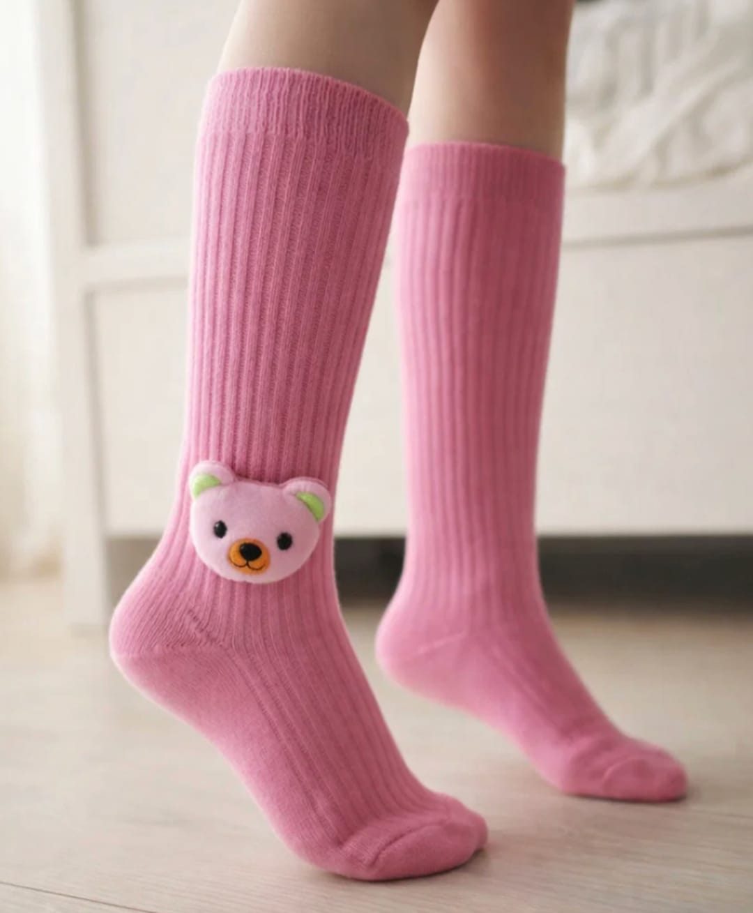 Neska Moda Cotton Elastane Teddy Bear Applique Detailed Socks - Pink-picture-16