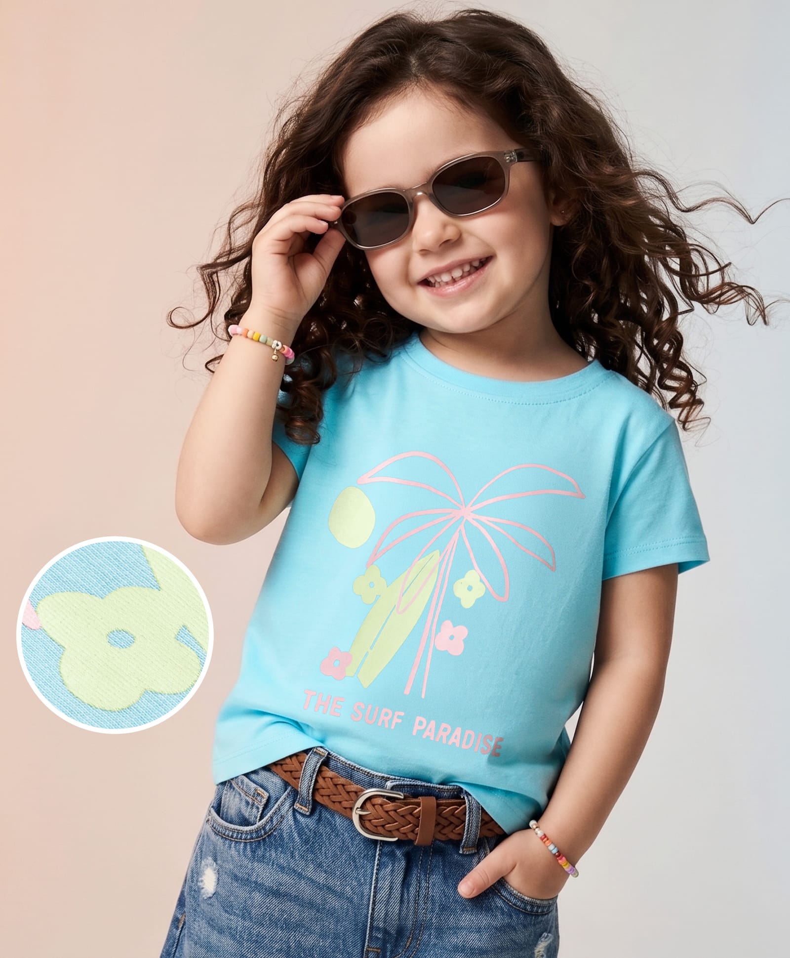Kookie Kids Single Jersey Knit Half Sleeves T-Shirt With Tropical Print - Light Blue-image-29