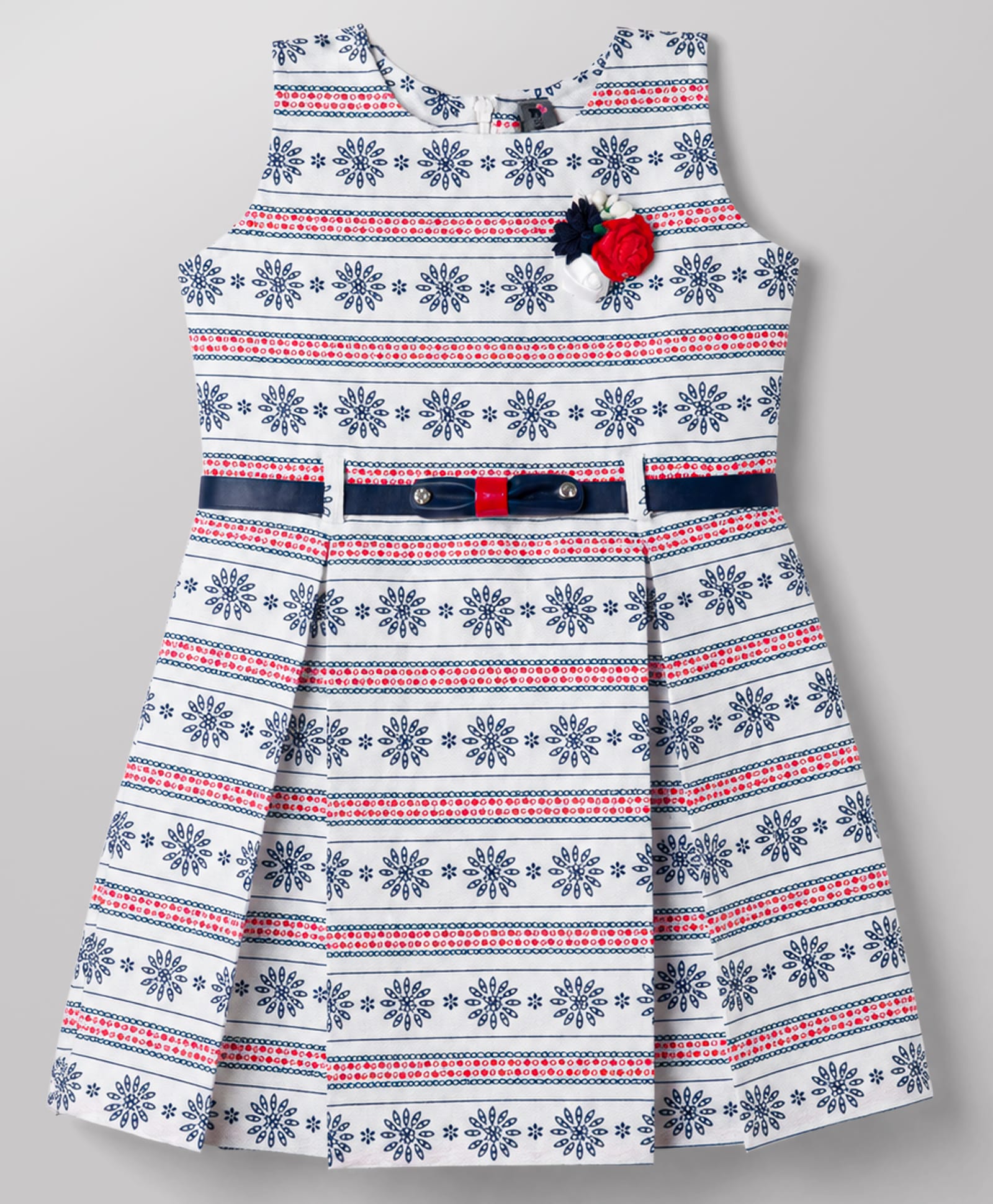 Enfance Woven Sleeveless Floral Printed Striped Pleated Party Dress With Applique & Belt - Blue-picture-4