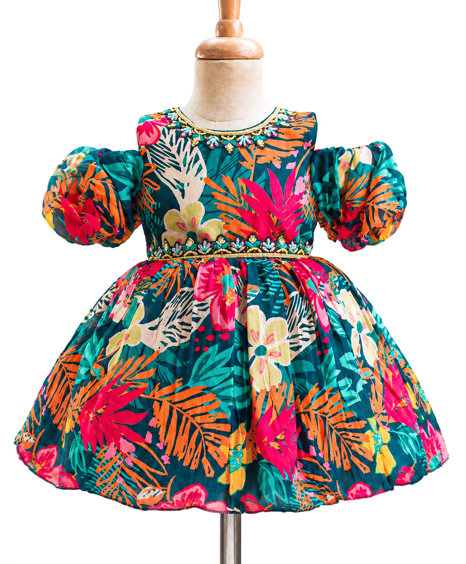 Enfance Cotton Woven Cold Shoulder Sleeves Ethnic Dress With Floral Print - Teal Green-picture-19