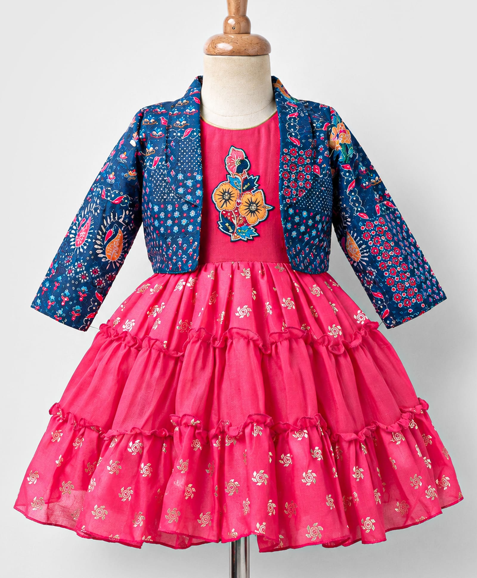 Enfance Satin Woven Ethnic Dress & Jacket With Floral Print - Pink-picture-6