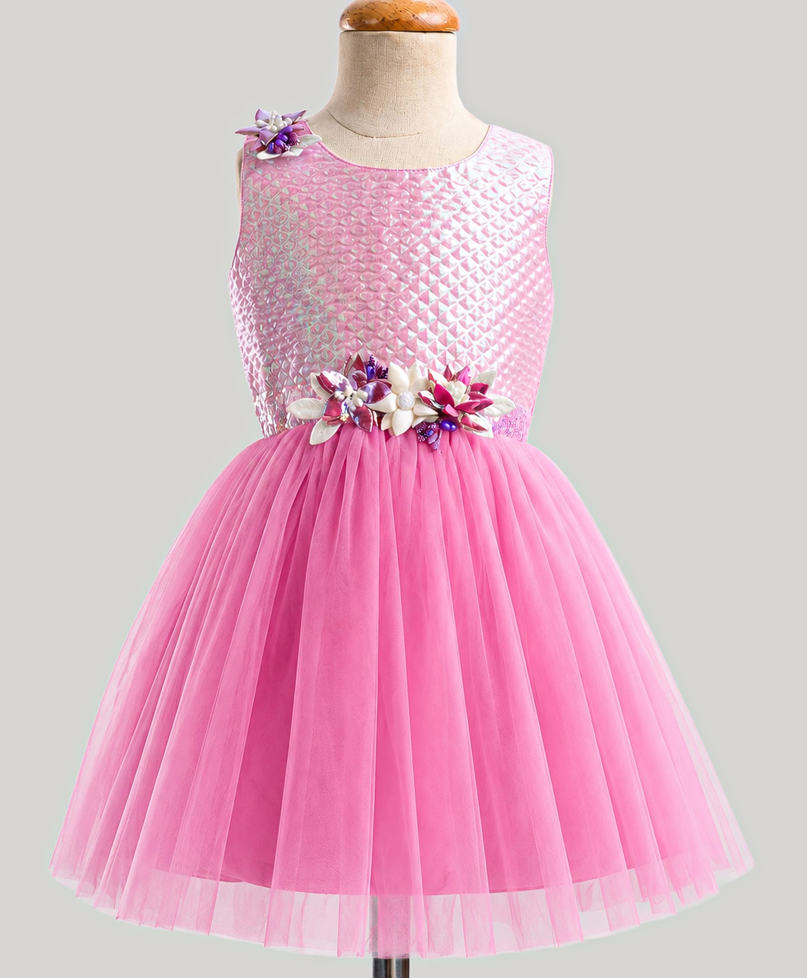 Enfance Net Woven Sleeveless Glitter Printed Party Dress With Corsage - Dark Pink-image-22