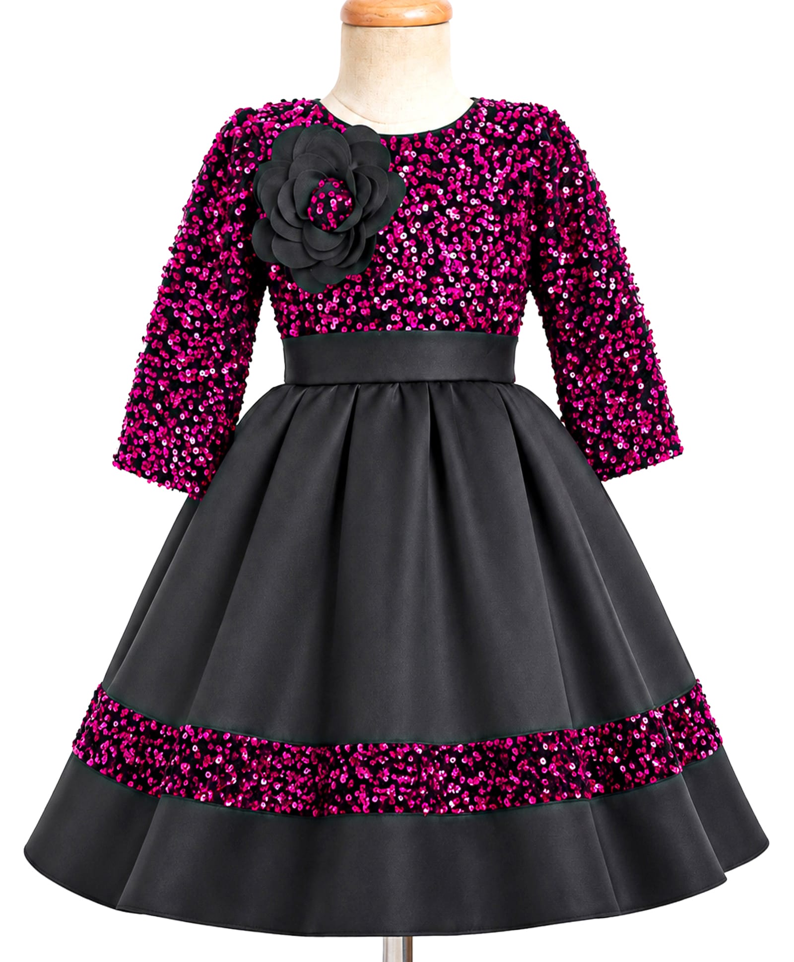Enfance Net Woven Three Forth Sleeves Sequinned Party Frock With Floral Applique - Dark Pink-picture-38