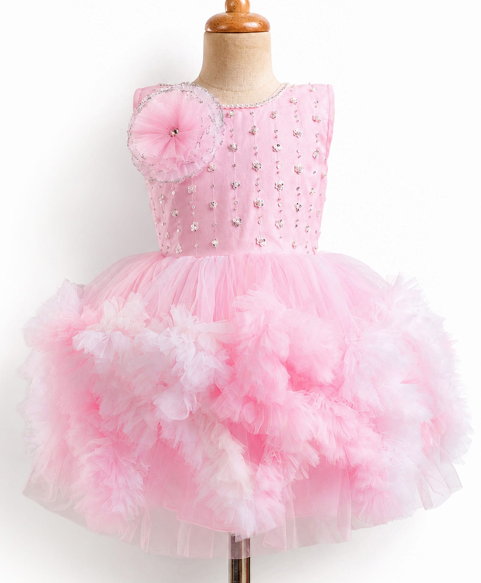 Enfance Net Woven Sleeveless Floral Sequinned Flared Party Dress With Floral Applique & Pearl Embellishment - Pink-image-22
