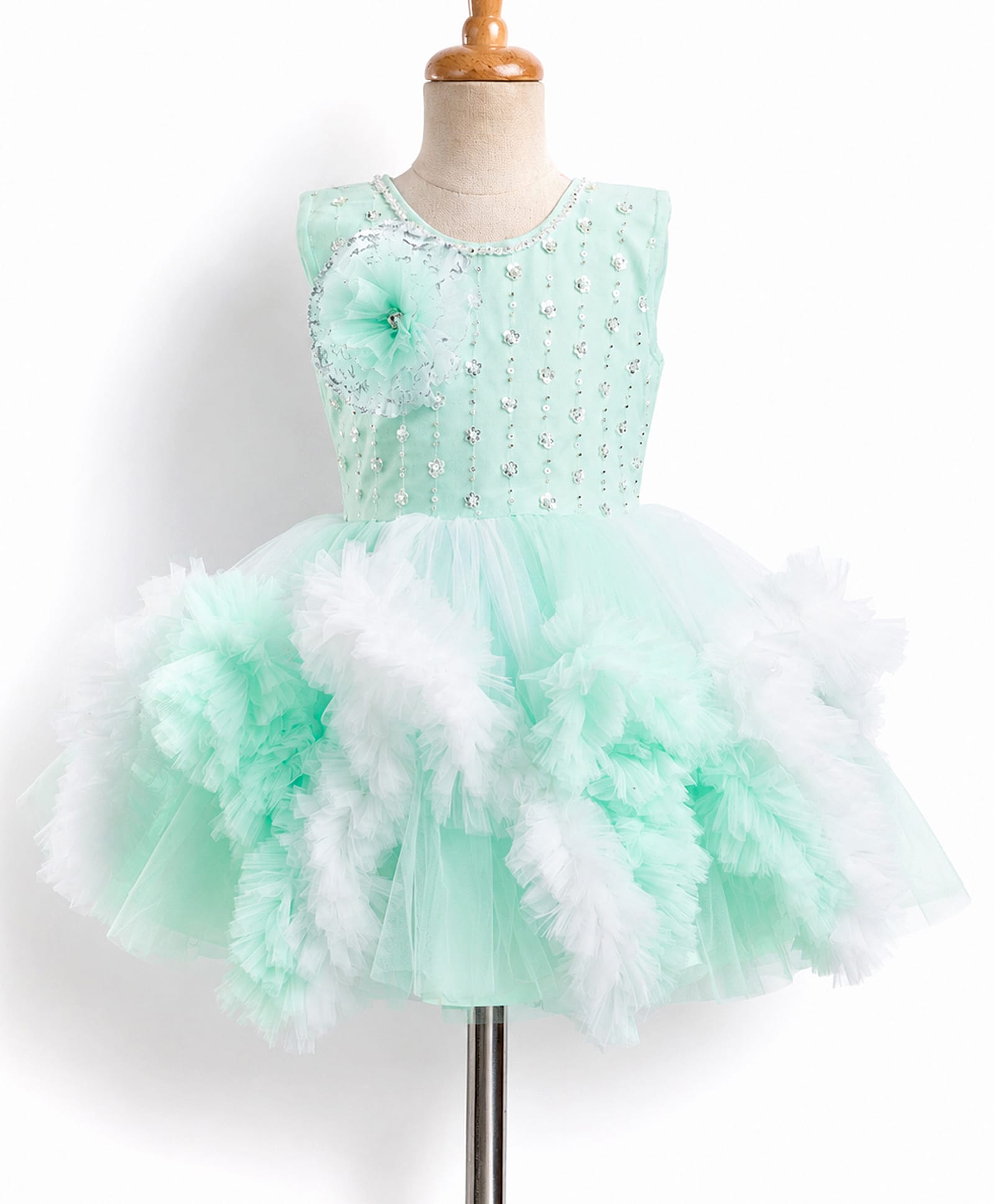 Enfance Net Woven Sleeveless Floral Sequinned Flared Party Dress With Floral Applique & Pearl Embellishment - Sea Green-image-1