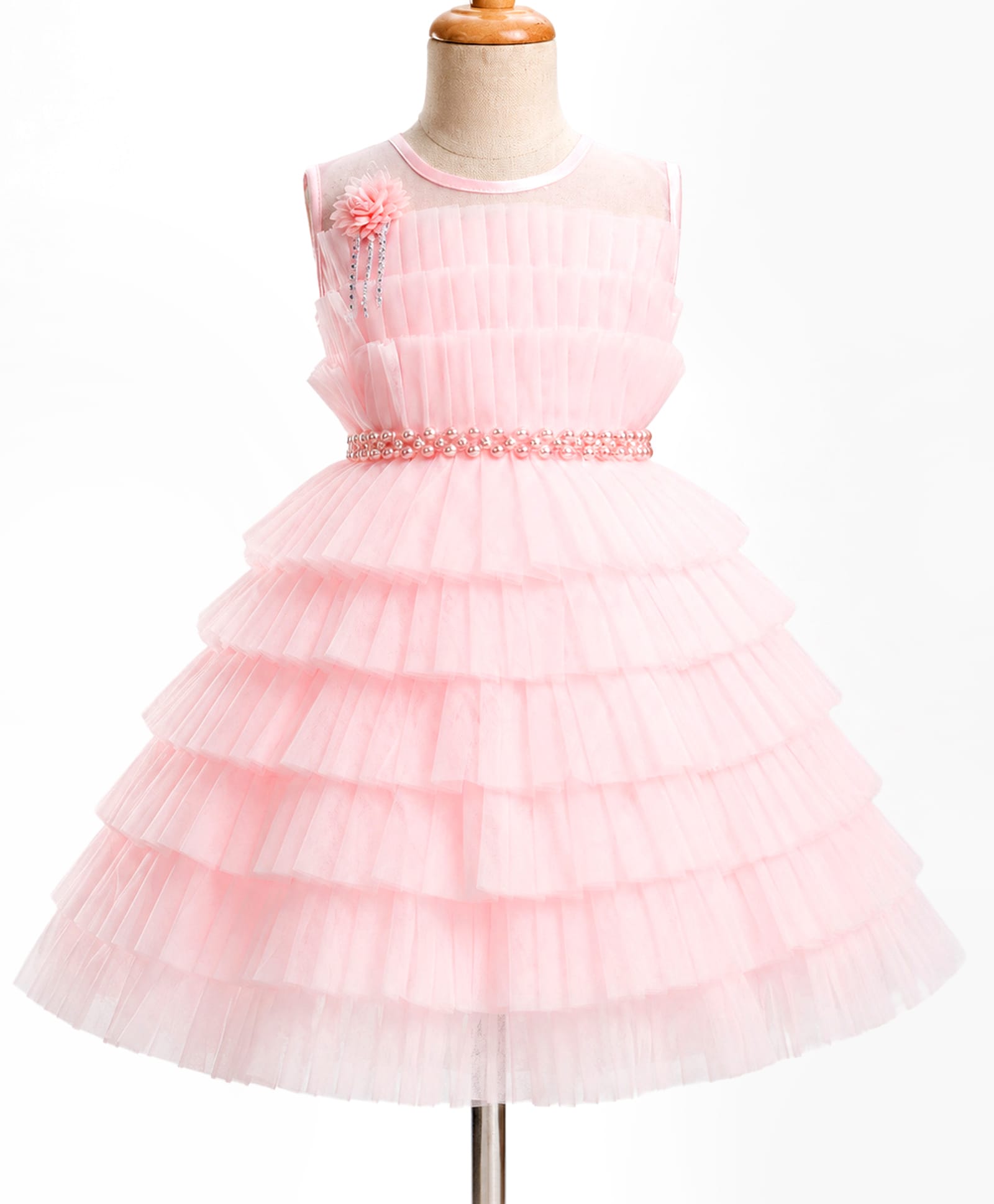 Enfance Net Woven Sleeveless Layered Ruffled Party Dress With Floral Applique - Peach-picture-20