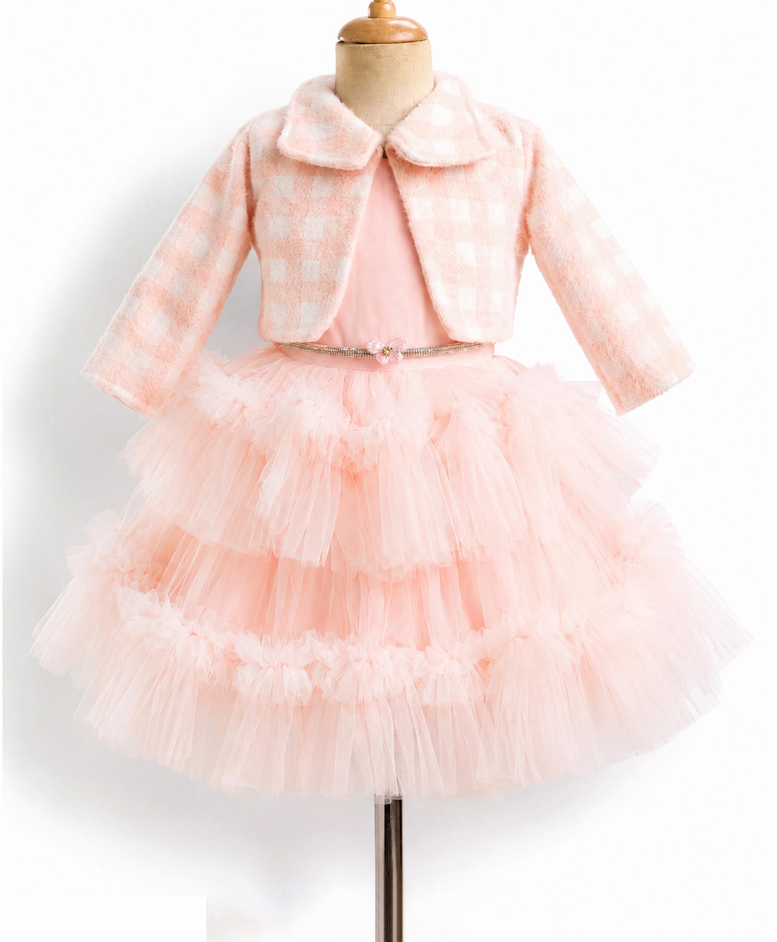 Enfance Net Woven Full Sleeves Checked Layered Party Dress With Jacket - Peach-picture-10