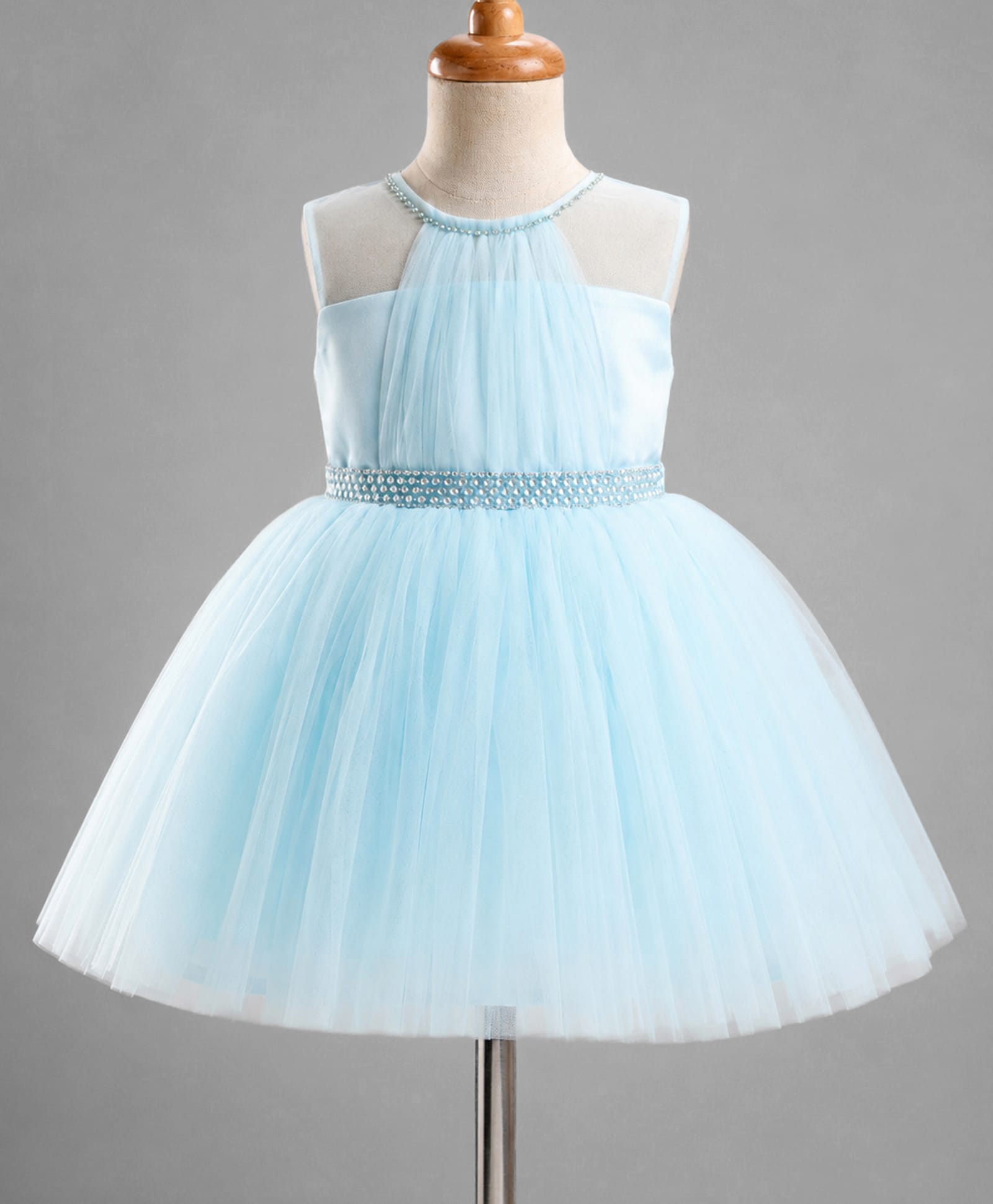 Enfance Net Woven Sleeveless Pearl Embellished Party Dress - Light Blue-picture-18