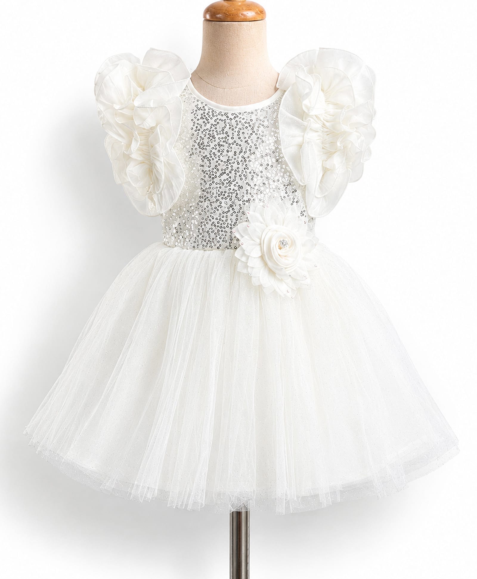 Enfance Net Woven Half Sleeves Sequinned Party Dress With Floral Applique - OffWhite-picture-18