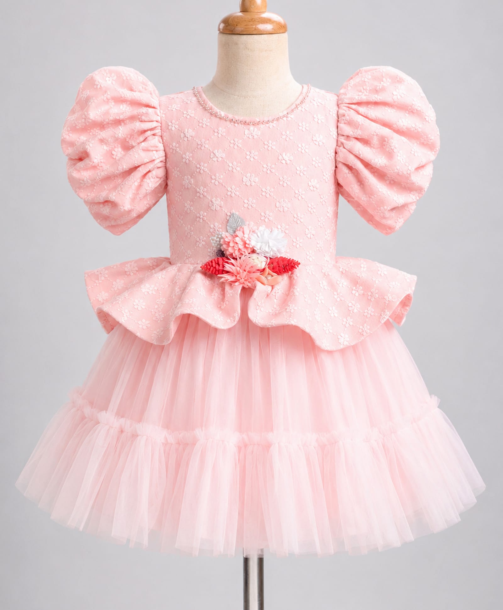 Enfance Net Woven Balloon Sleeves Floral Embroidered Flared Party Dress With Corsage - Peach-image-30