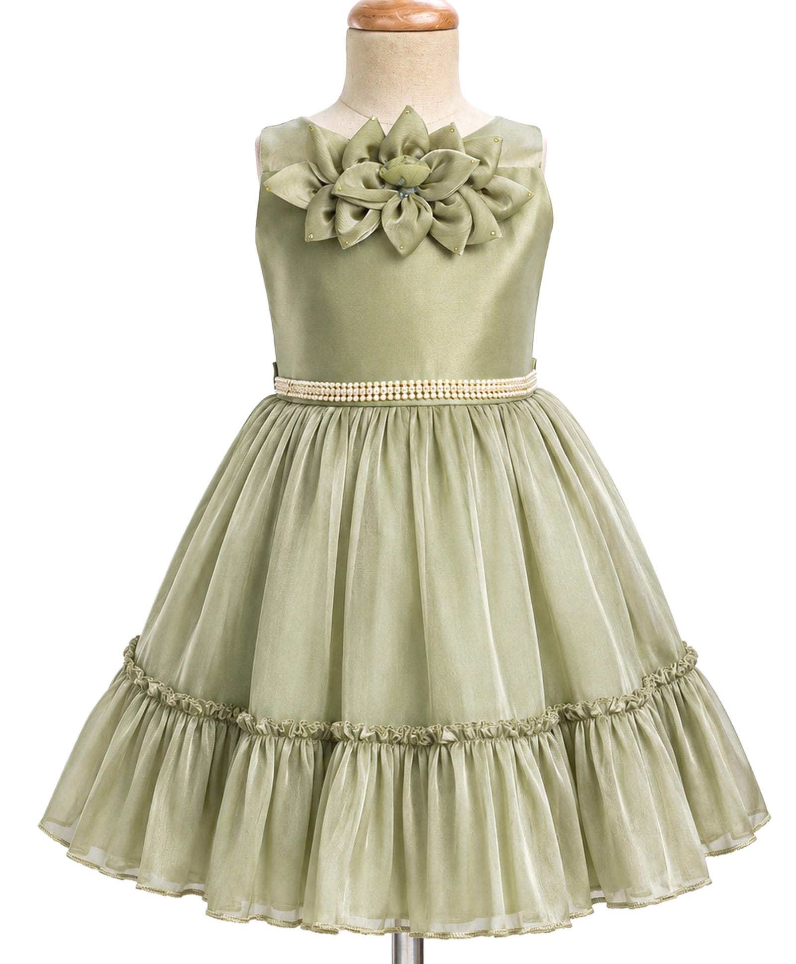Enfance Net Woven Sleeveless Tiered Flared Party Dress With Pearl Embellishment With Corsage - Olive Green-image-48
