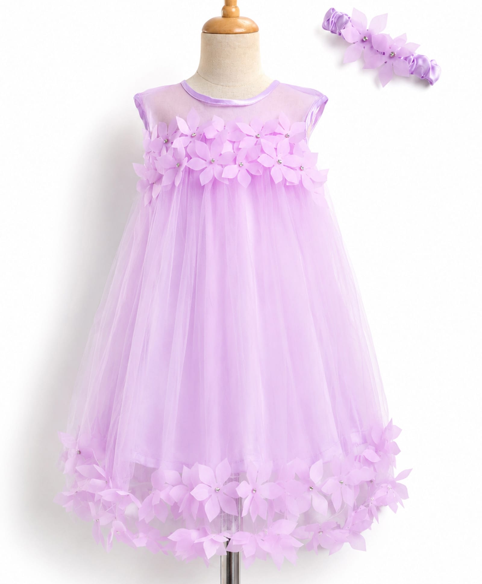 Enfance Net Woven Sleeveless Party Dress With Floral Applique & Headband - Lavender-picture-24