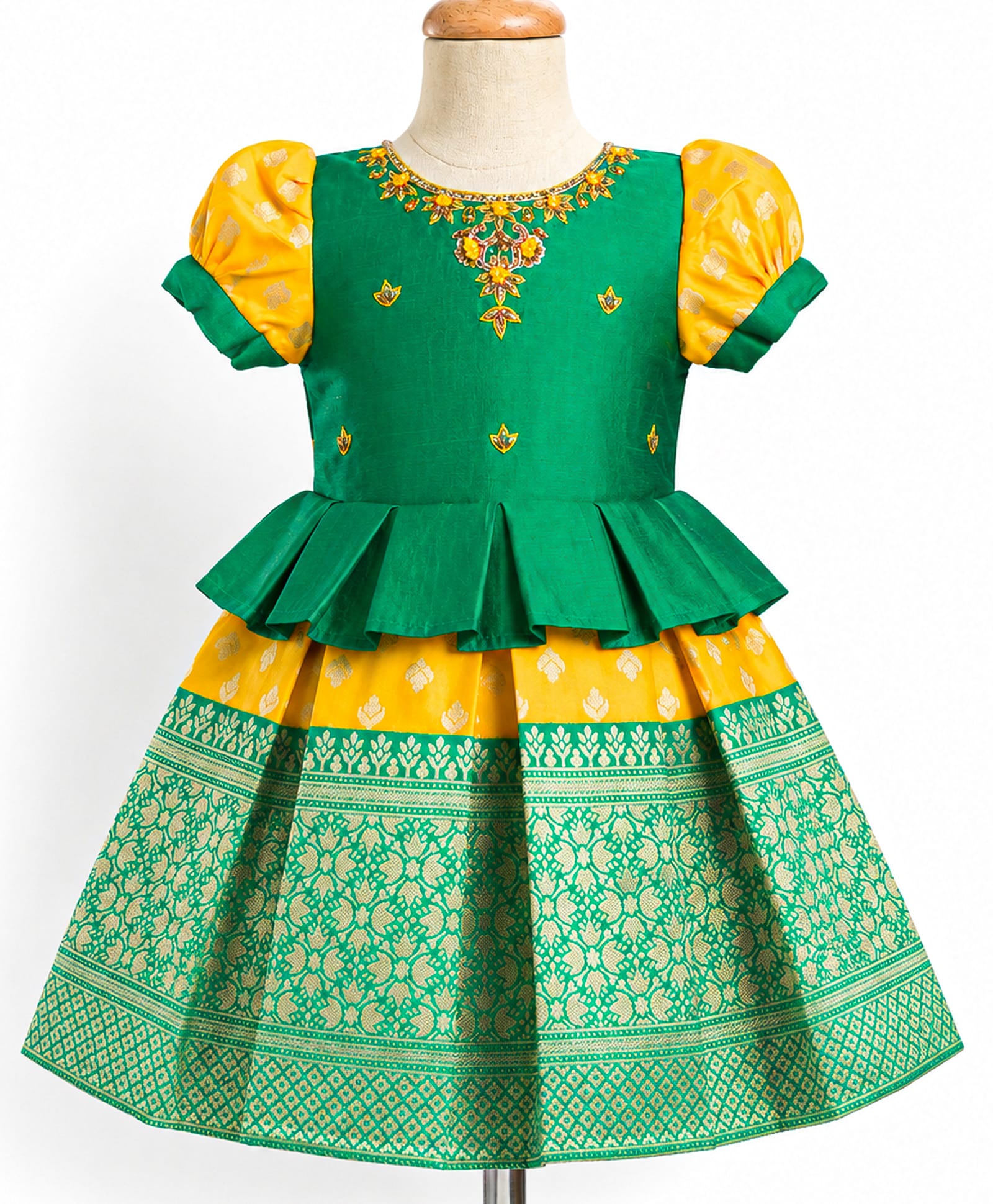 Enfance Cotton Silk Woven Half Sleeves Ethnic Pattu Pavdai Dress With Banarasi Floral Foil Print & Embellishment - Green & Yellow-picture-20