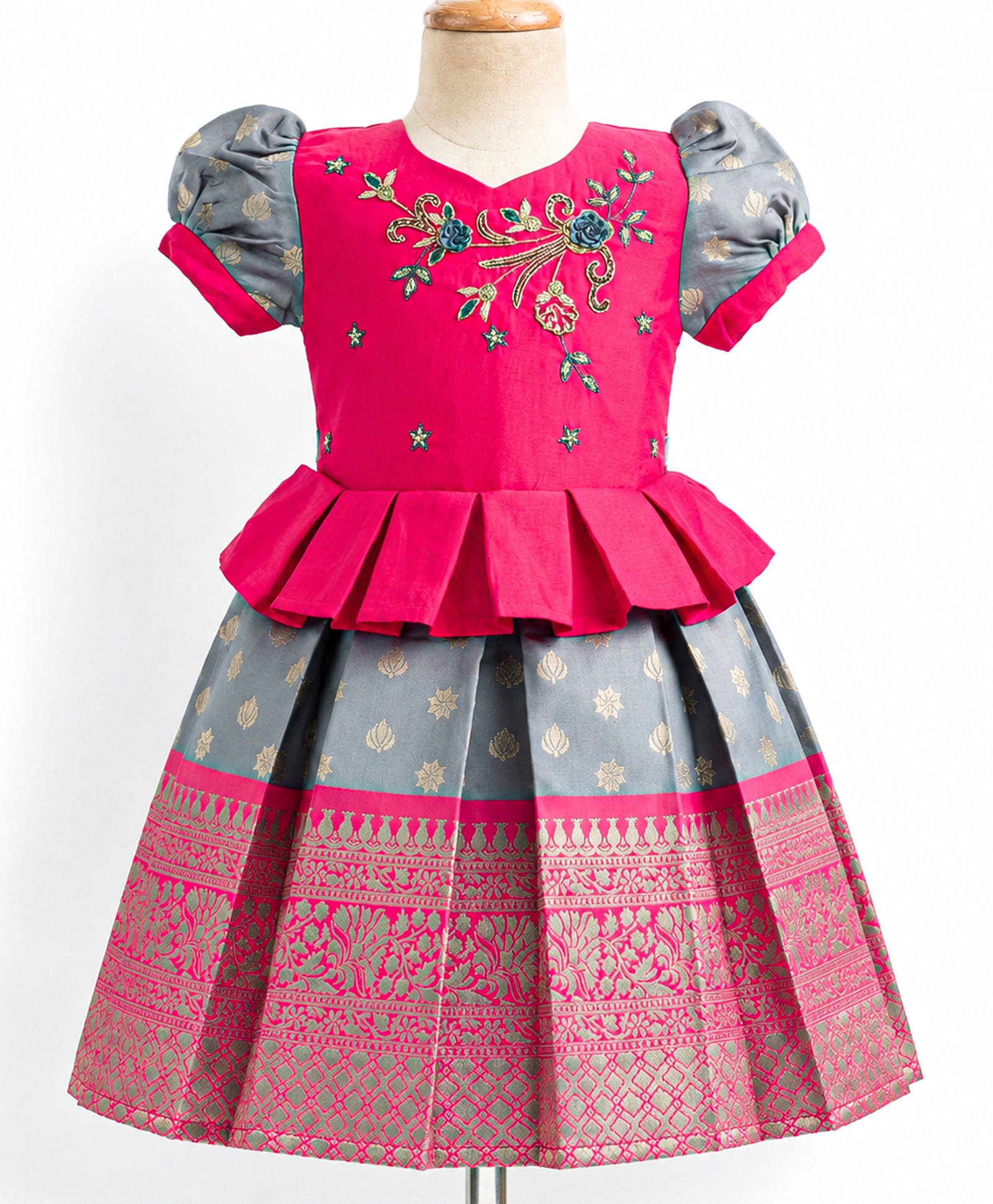 Enfance Cotton Silk Woven Half Sleeves Ethnic Pattu Pavdai Dress With Banarasi Floral Foil Print & Embellishment - Red-picture-26