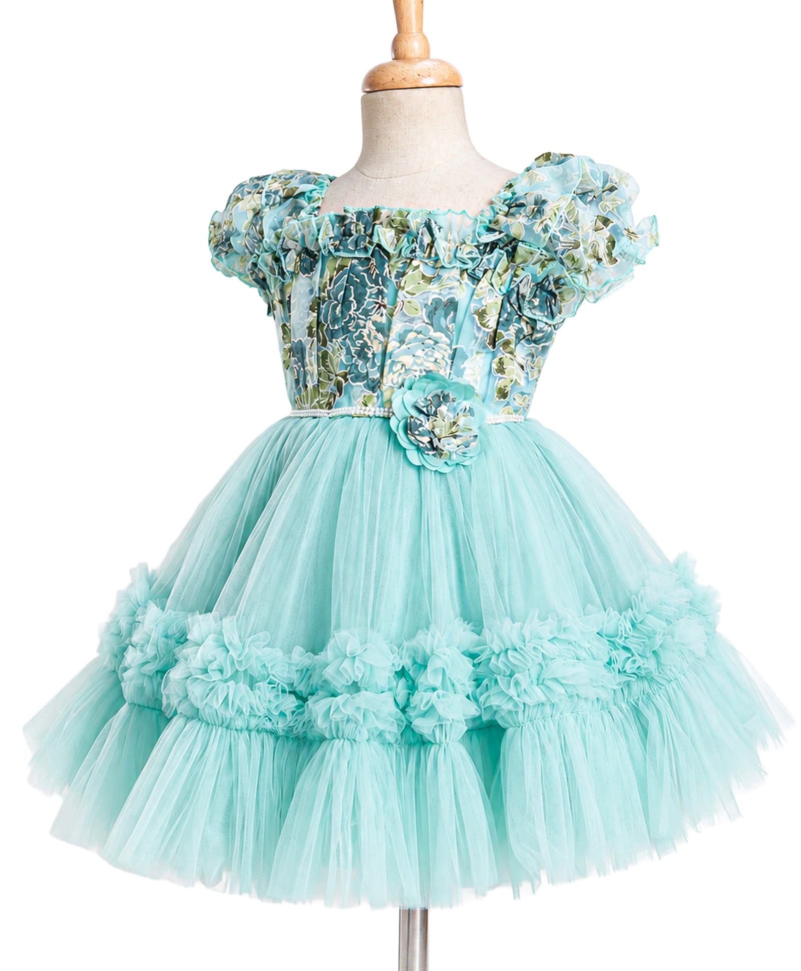Enfance Net Woven Half Sleeves Floral Printed Party Dress - Sea Green-picture-48