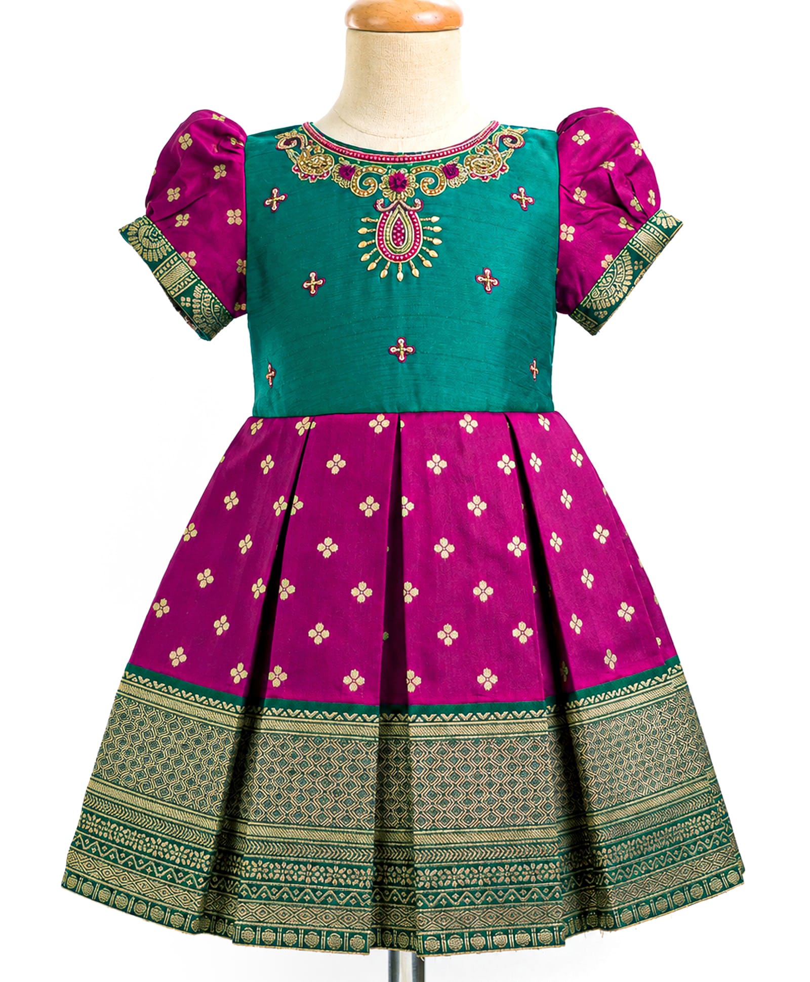 Enfance Cotton Silk Woven Half Sleeves Ethnic Pattu Pavdai Dress With Banarasi Floral Foil Print & Embellishment - Purple-picture-9