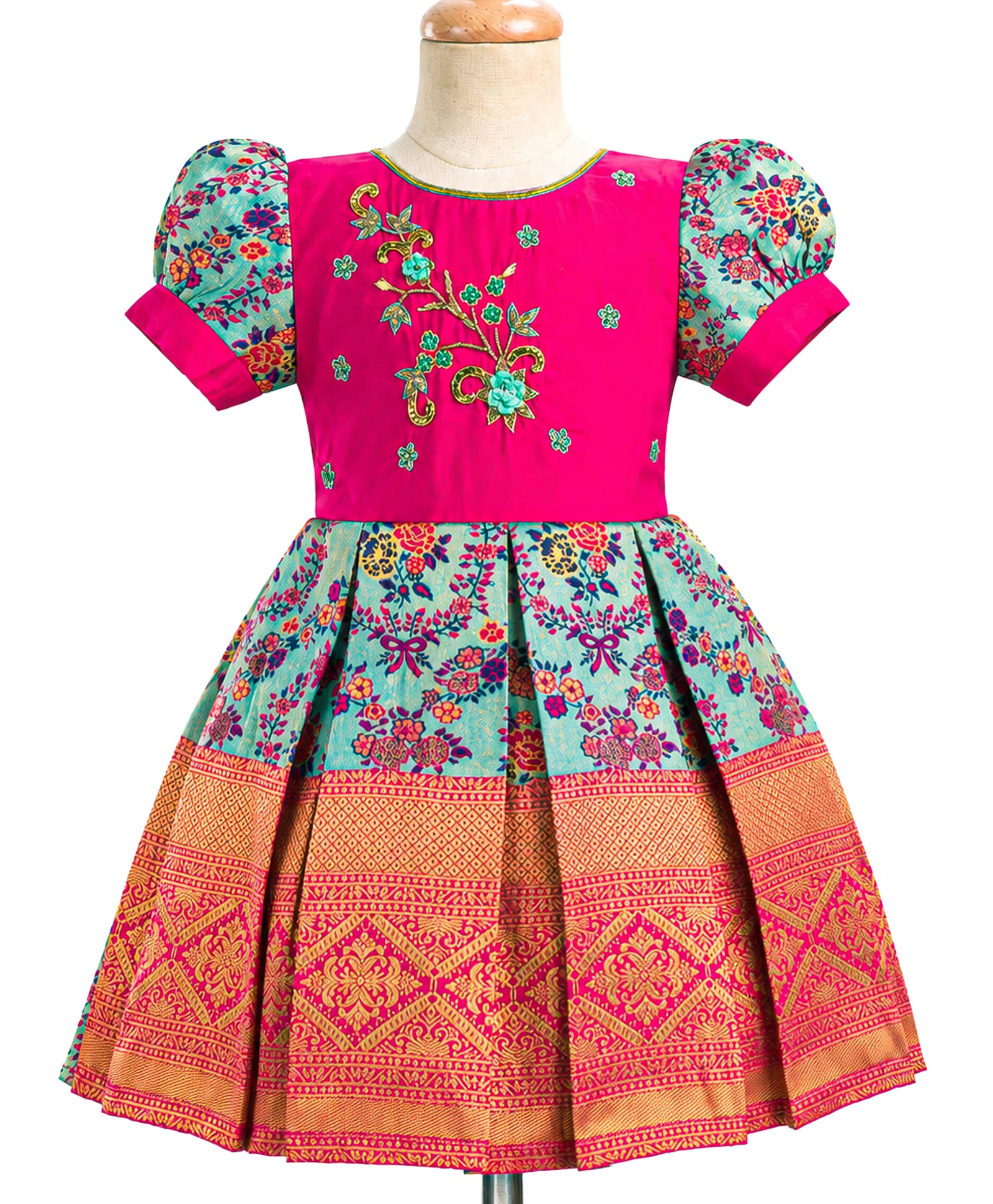 Enfance Cotton Silk Woven Half Sleeves Ethnic Pattu Pavdai Dress With Banarasi Floral Foil Print & Embellishment - Pink-picture-28