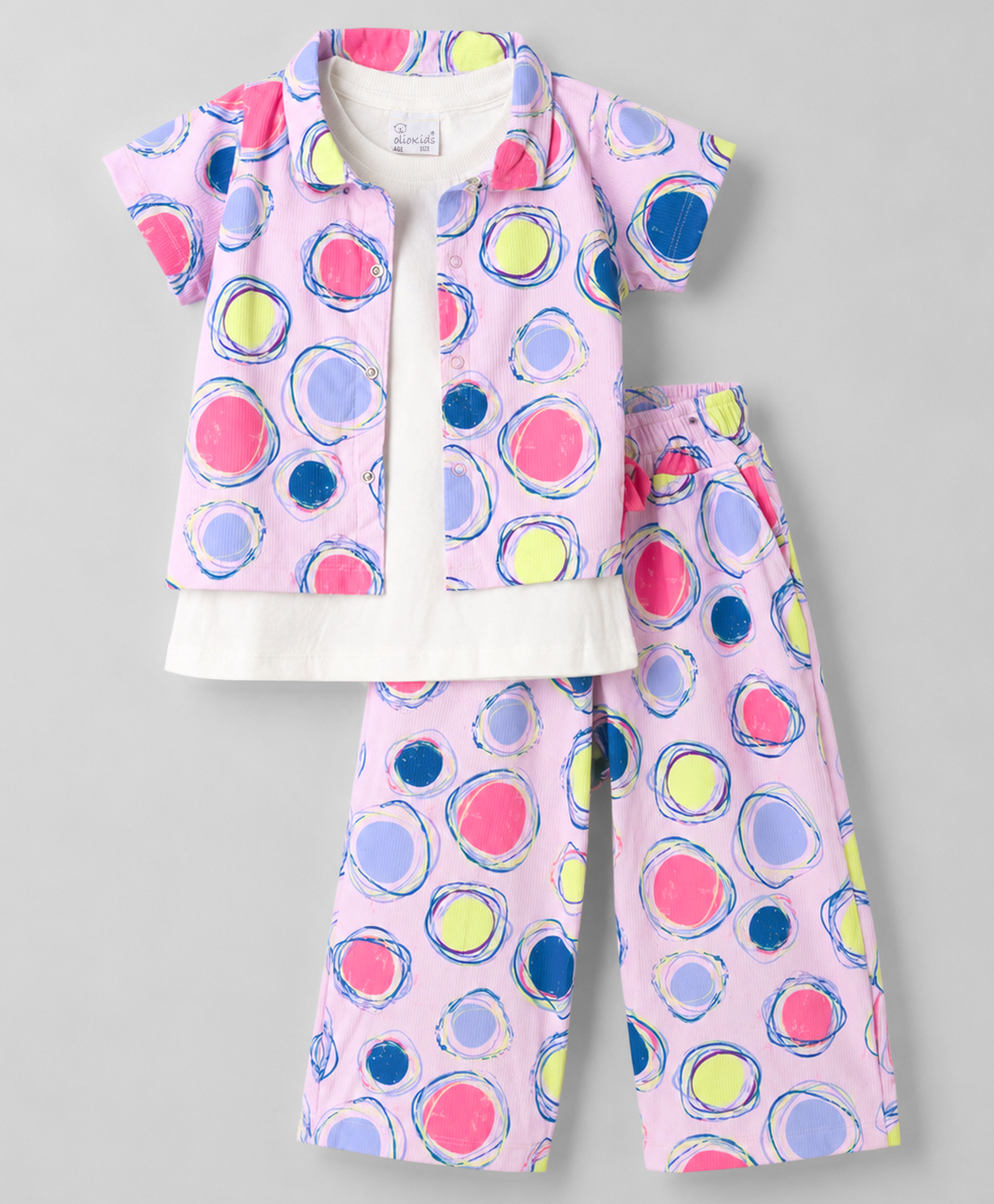 Olio Kids Sinker Knit Half Sleeves Polka Dots Printed Co-Ords Top & Pant Set With Inner Solid Tank T-Shirt - Pink-image-37
