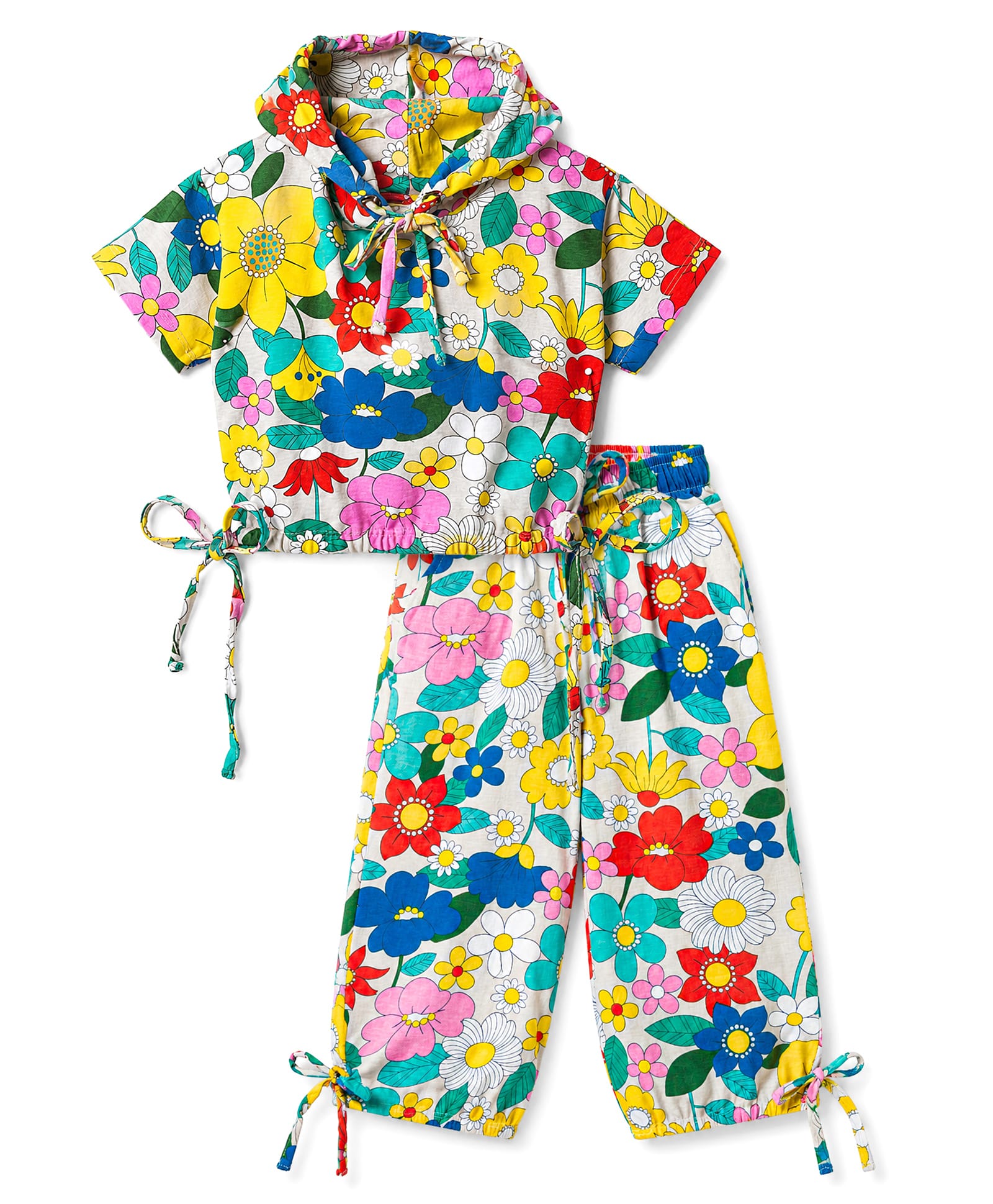 Olio Kids Sinker Knit Half Sleeves Floral Printed Co-Ords Hooded Top & Pant Set - Blue-picture-3