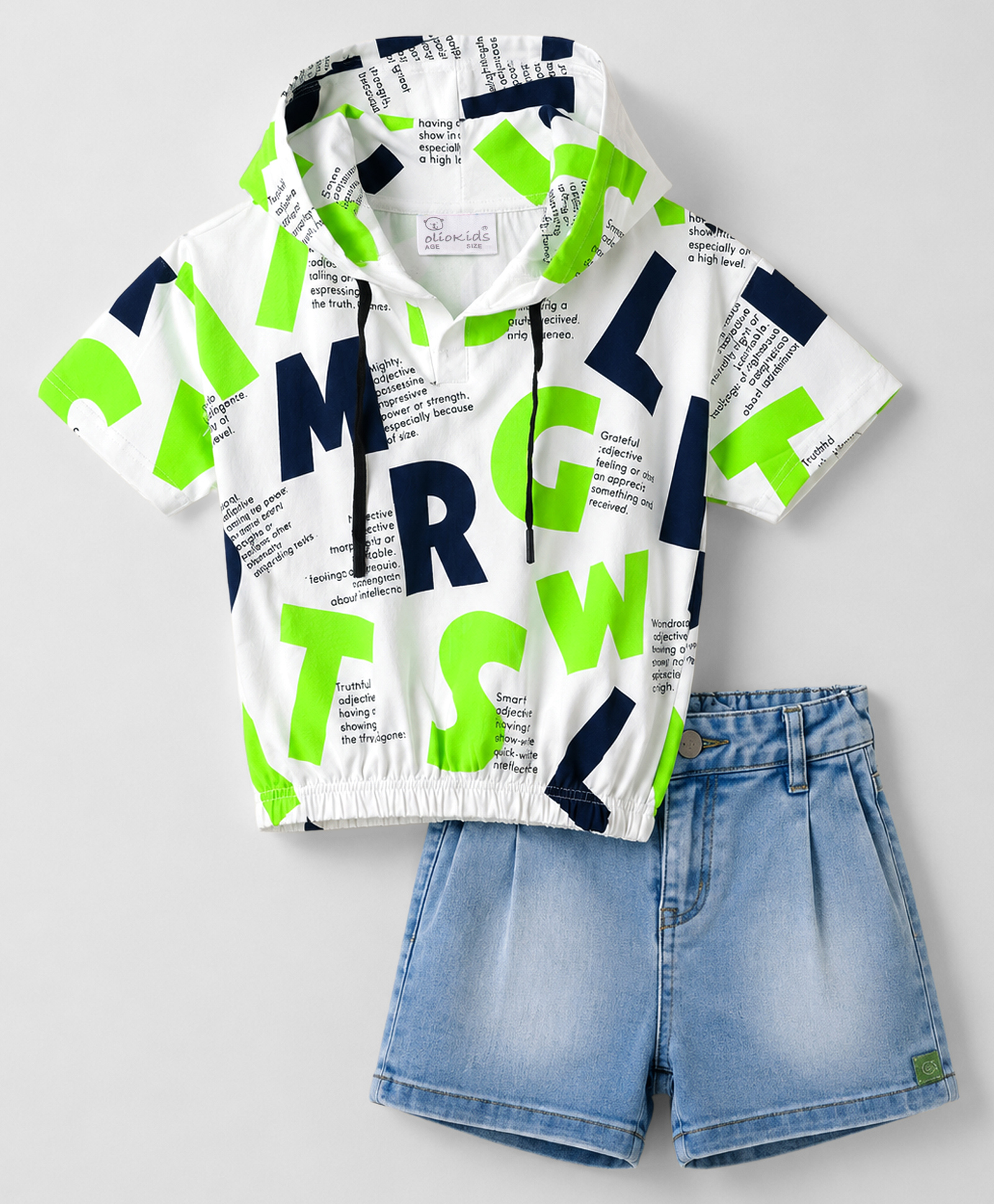 Olio Kids Sinker Knit Half Sleeves Text Printed Hooded Top & Shorts Set - Green-image-47