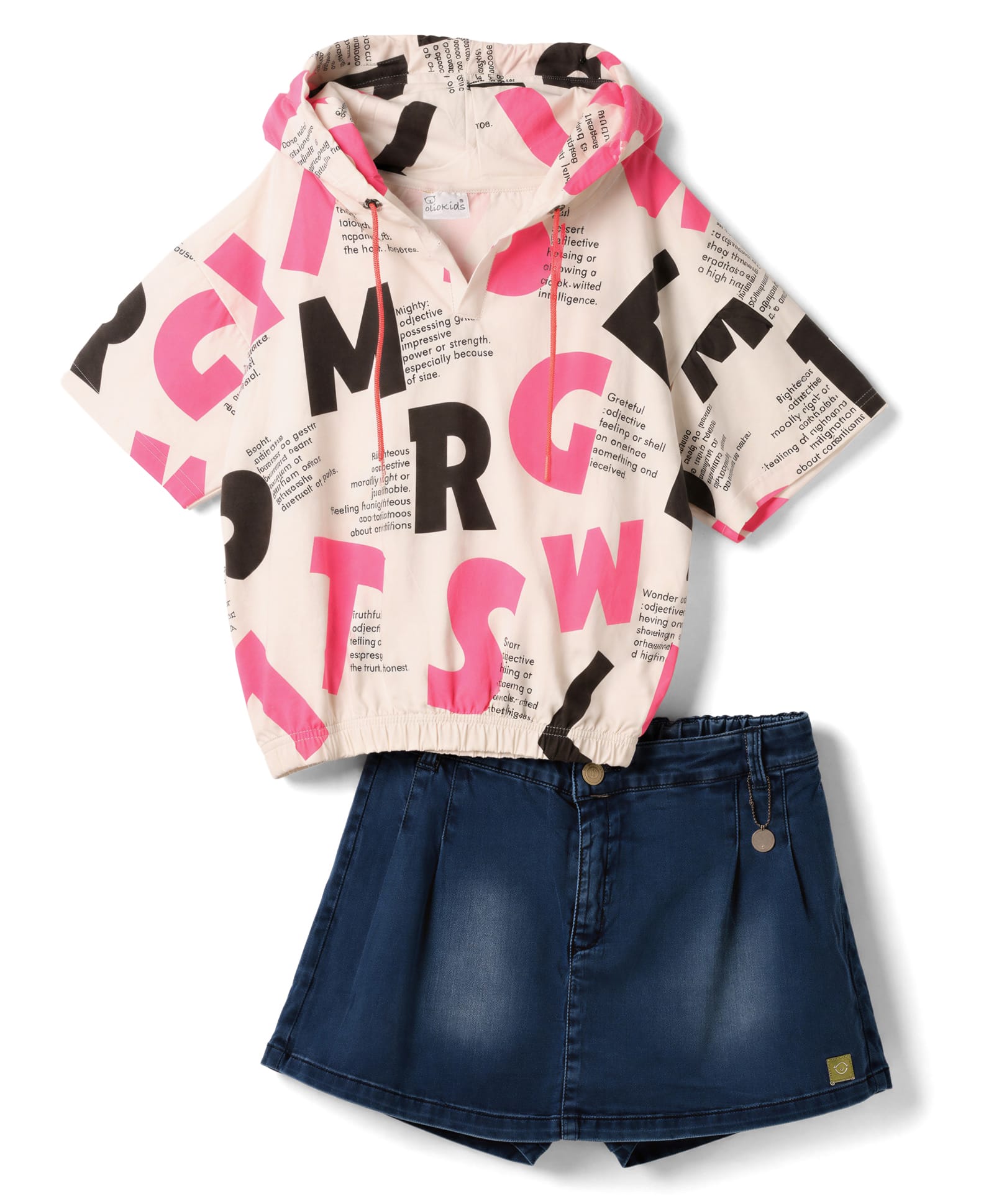 Olio Kids Sinker Knit Half Sleeves Text Printed Hooded Top & Shorts Set - Pink-picture-41