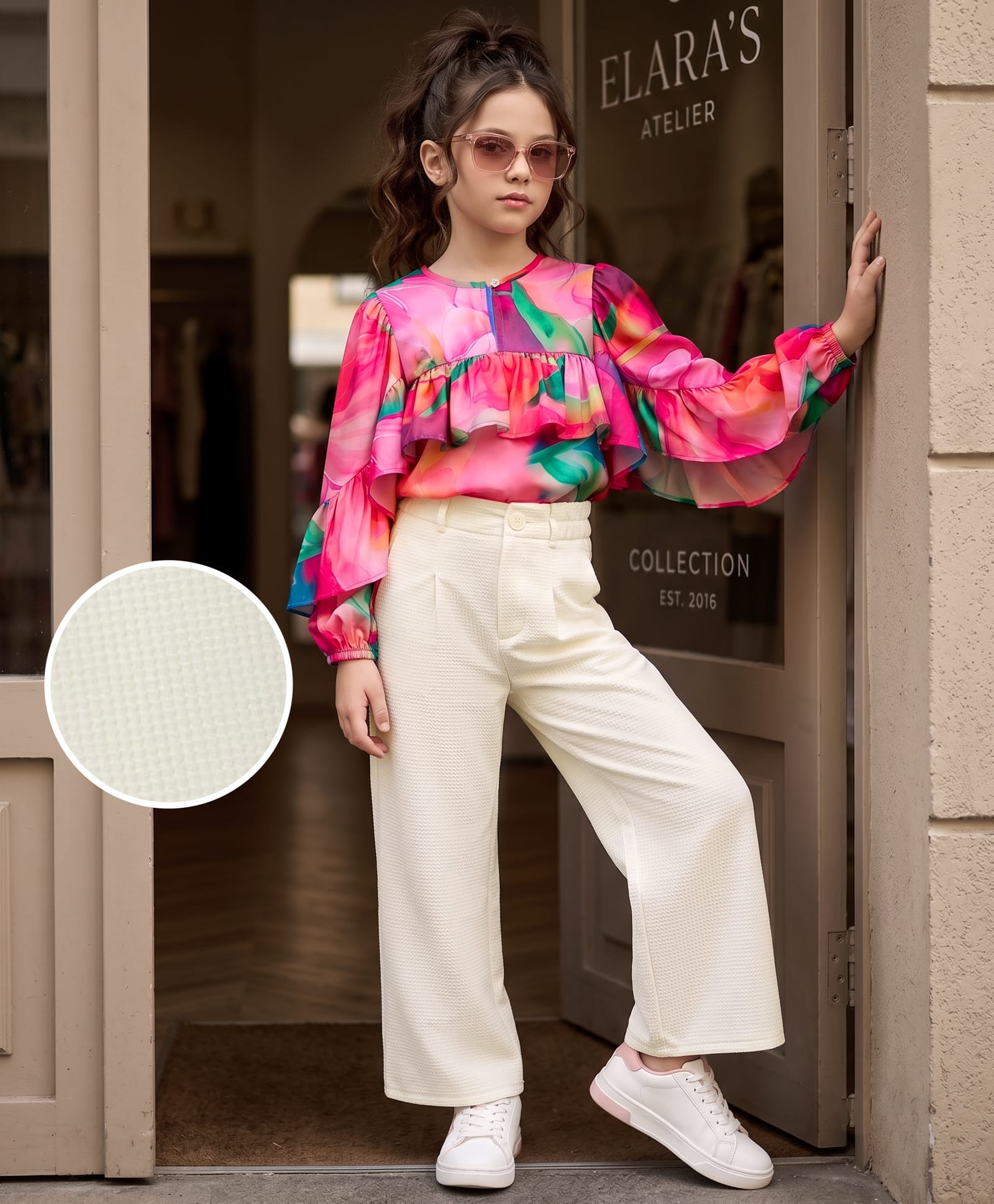 OLLINGTON ST. Georgette Woven Abstract Printed Full Sleeves Top & Pant Set - Dark Pink-image-15