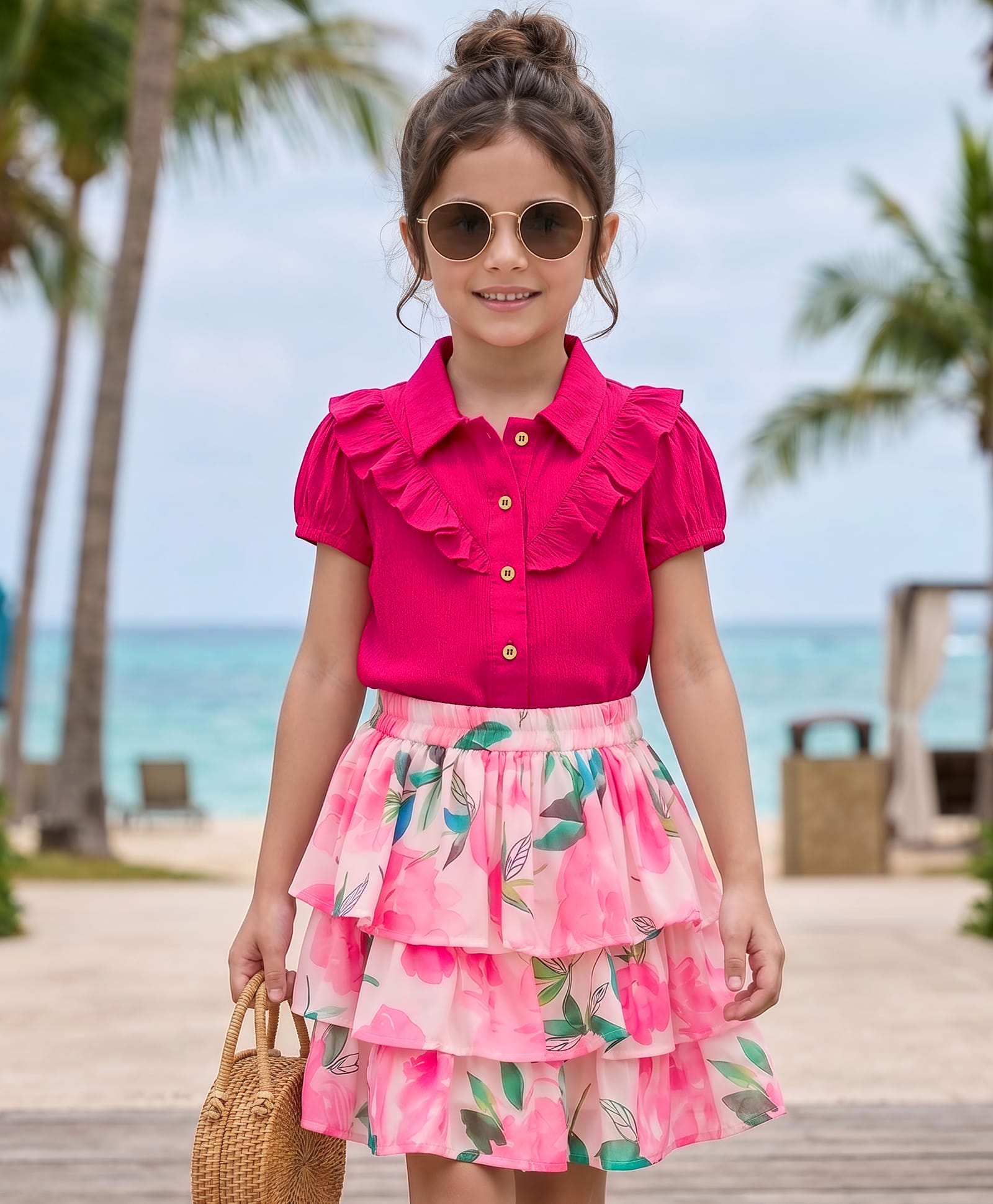 OLLINGTON ST. Woven Half Sleeve Top & Georgette Floral Printed Skirt - Multicolour & Pink-image-45