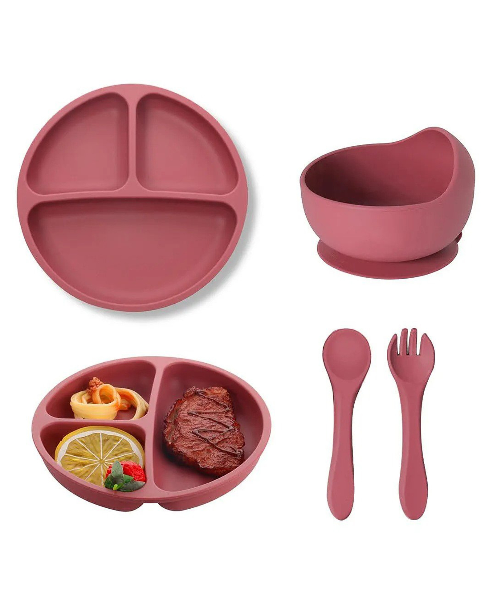 Ortis 4 Pcs Silicone Baby Feeding Set, BPA Free & Microwave Safe Dinner Tableware Kit - Rusty Pink-image-48