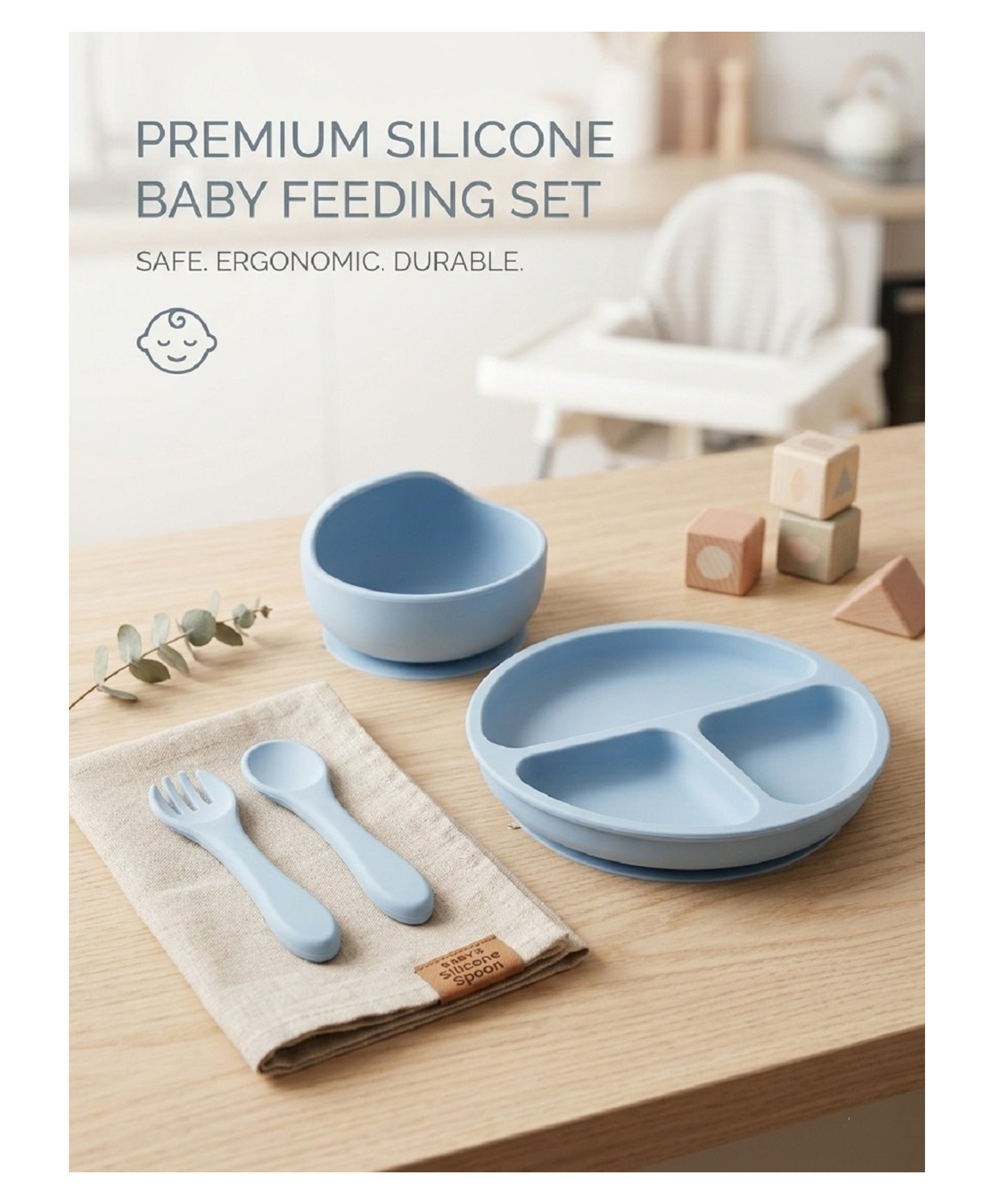 Ortis 4 Pcs Silicone Baby Feeding Set, BPA Free & Microwave Safe Dinner Tableware Kit - Sky Blue-image-7