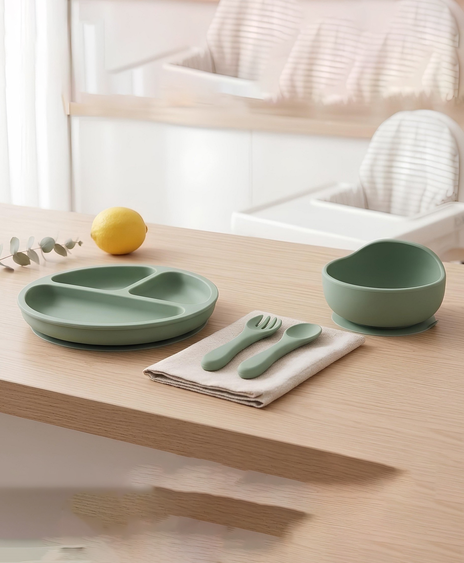 Ortis 4 Pcs Silicone Baby Feeding Set, BPA Free & Microwave Safe Dinner Tableware Kit - Green-image-20