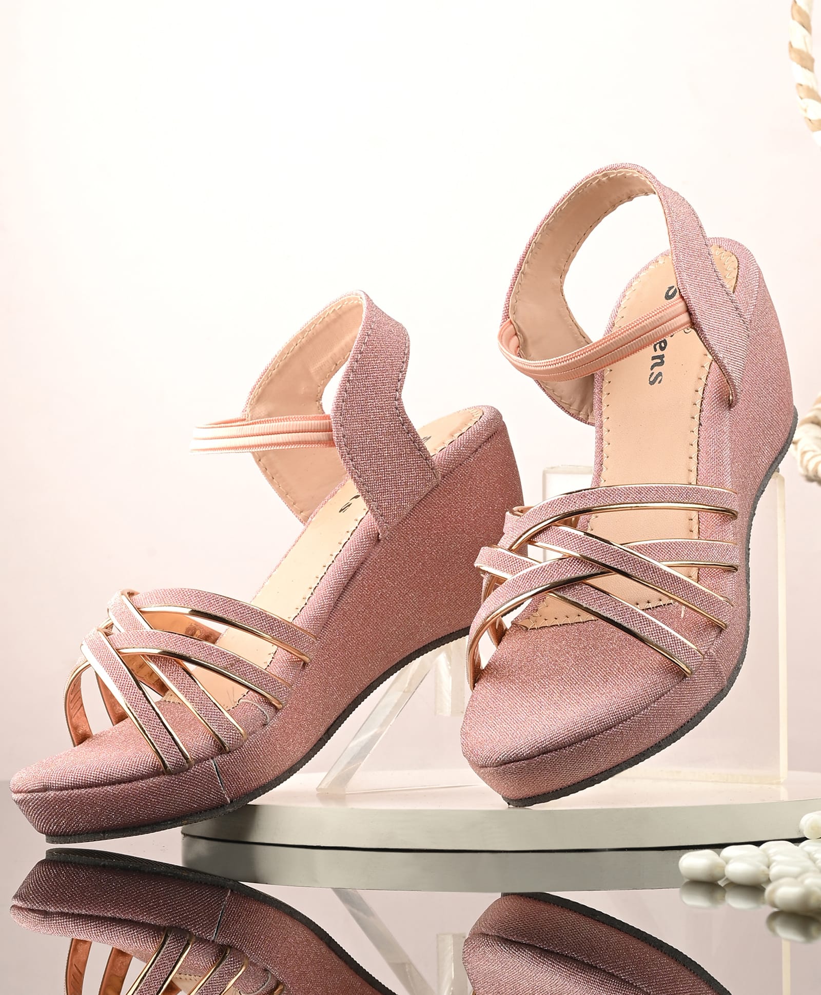 Stefens Back Strap Party Wear Wedge Sandal With Glitter - Baby Pink-picture-1