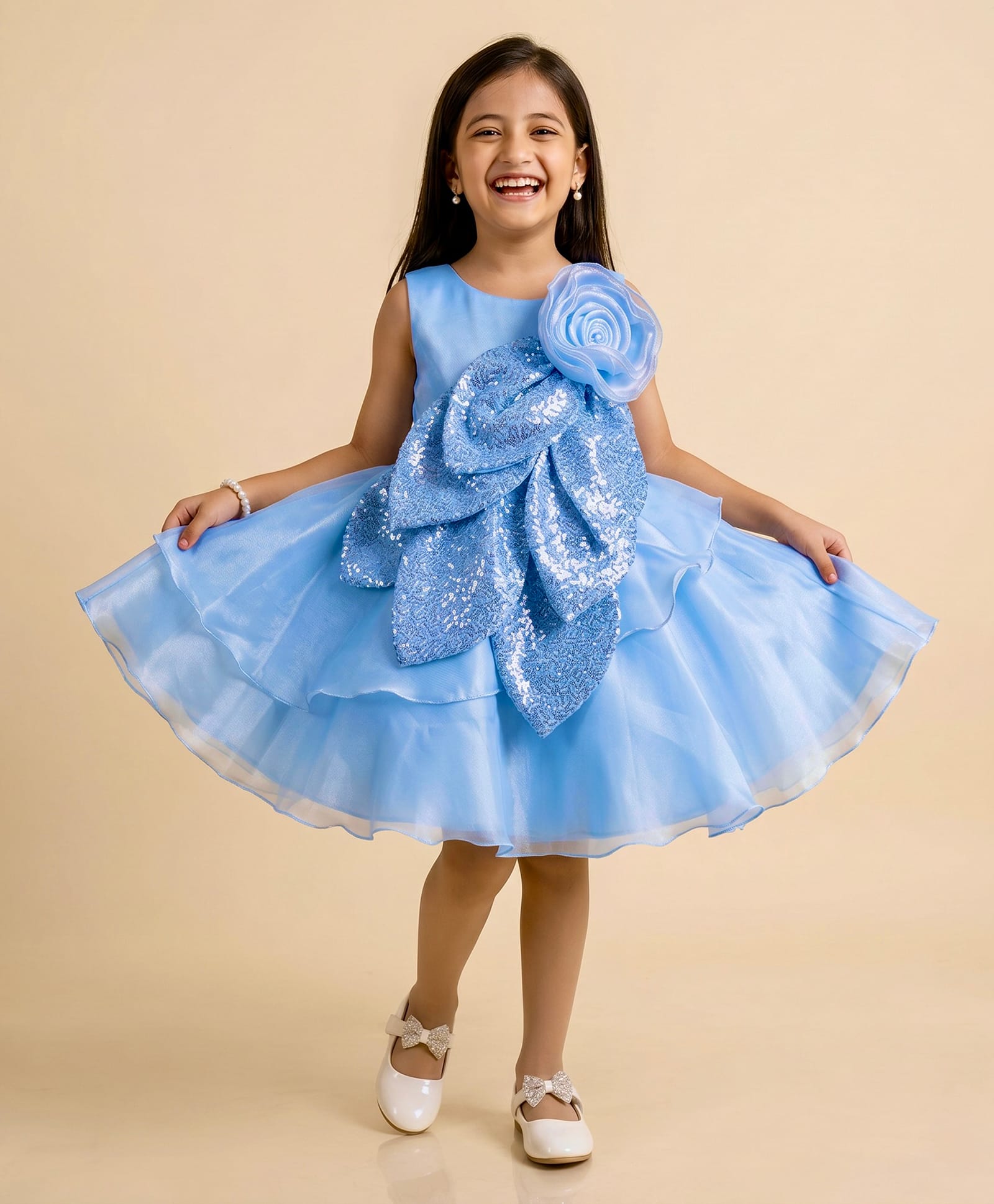 smile baby NX Sequence Knit Sleeveless Sequins Embellished Floral & Leaves Applique Detailed Dress - Sky Blue-image-48