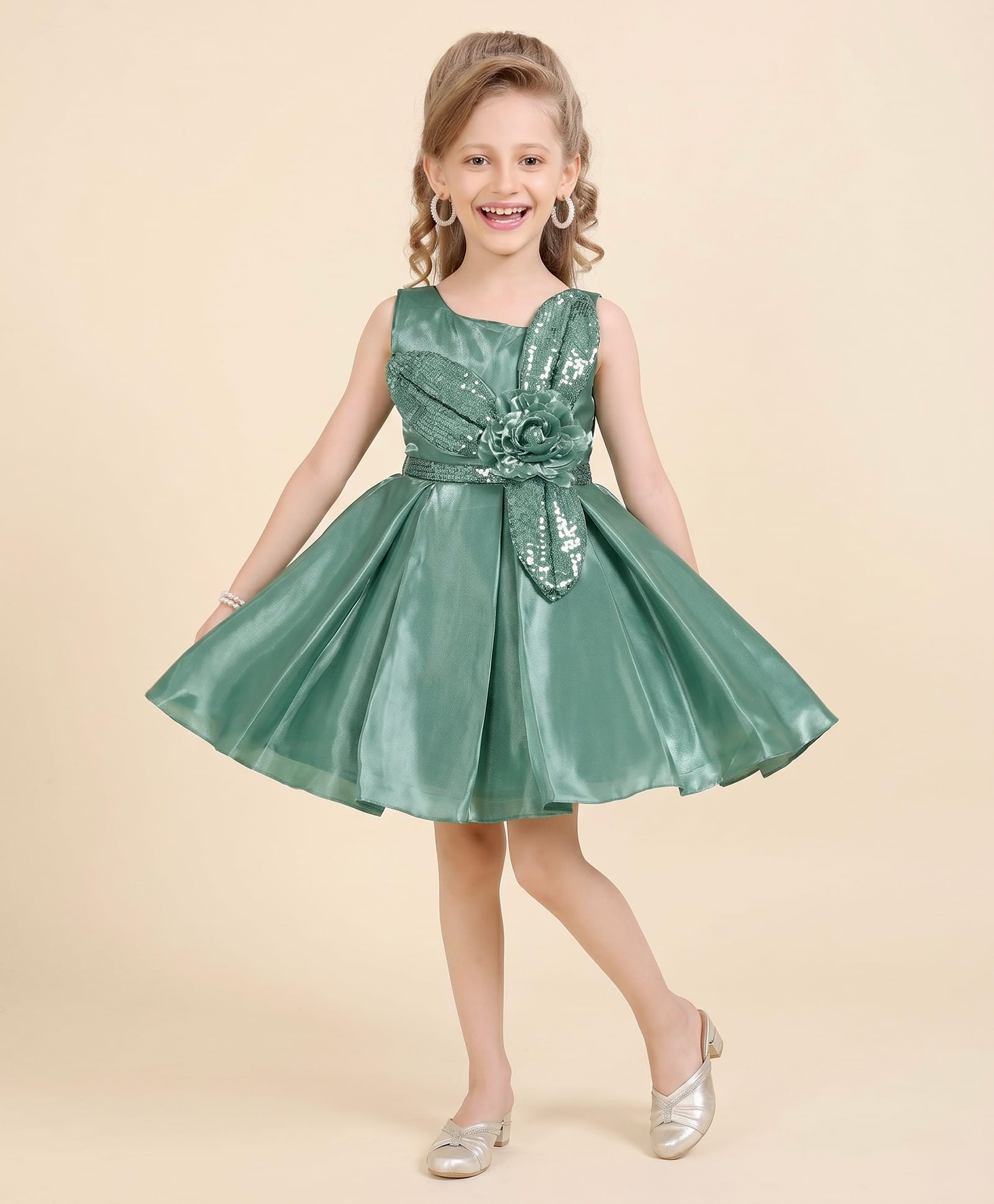 smile baby NX Sequence Knit Sleeveless Sequin Embellished Floral Applique Detailed Pleated Dress - Dark Green-image-19