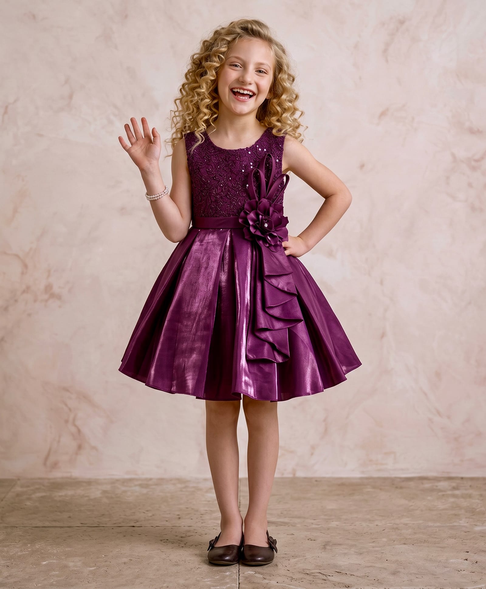 smile baby NX Satin Knit Sleeveless Lace Embellished & Floral Applique Detailed Pleated Dress - Wine-image-23