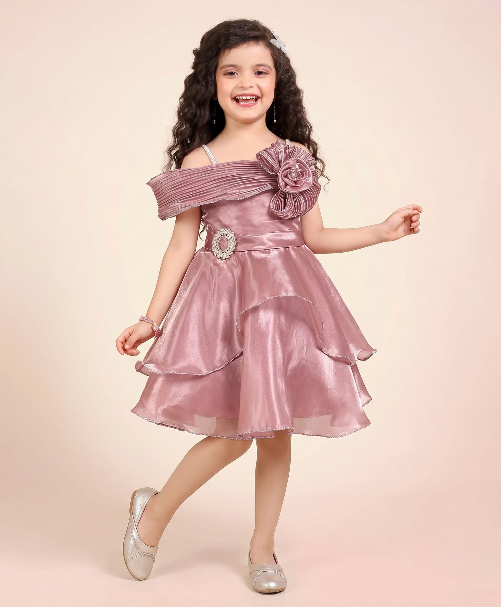 smile baby NX Tissue Woven Sleeveless Floral Applique Detailed Crystals Embellished Dress - Rose Gold-image-18