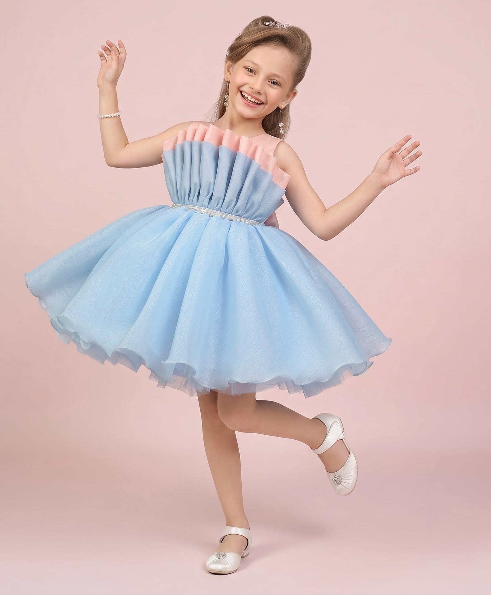 smile baby NX Chiffon Woven Sleeveless Stone Embellished Colour Blocked Pleated Dress - Sky Blue-picture-13