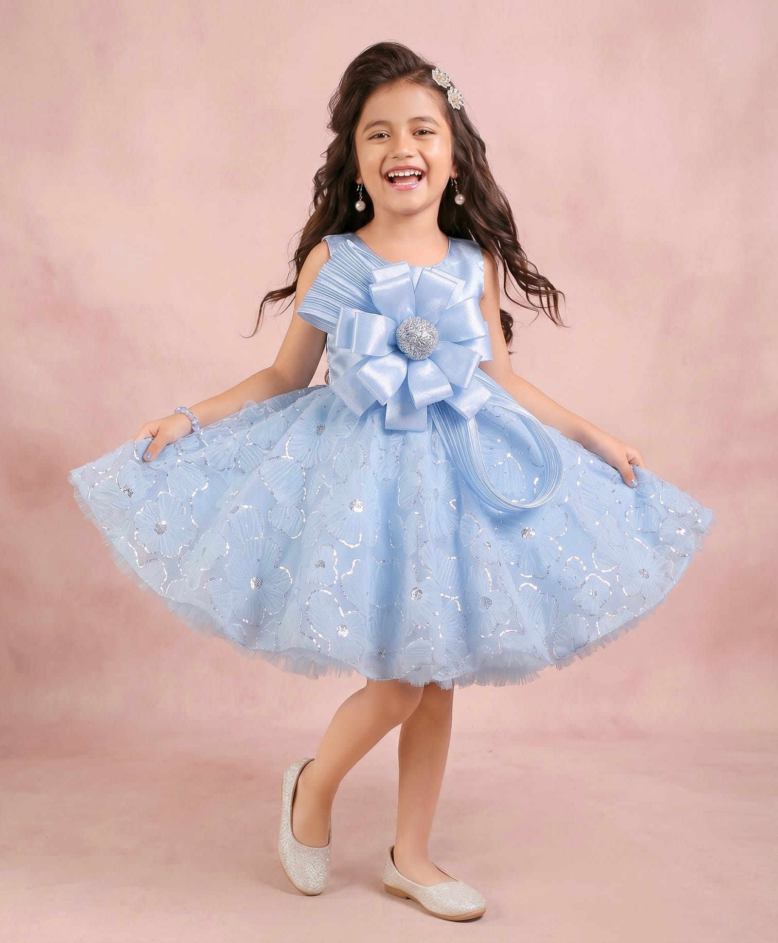 smile baby NX Tissue Knit Sleeveless Glitter Embellished Bow & Floral Applique Detailed Layered Dress - Sky Blue-image-32