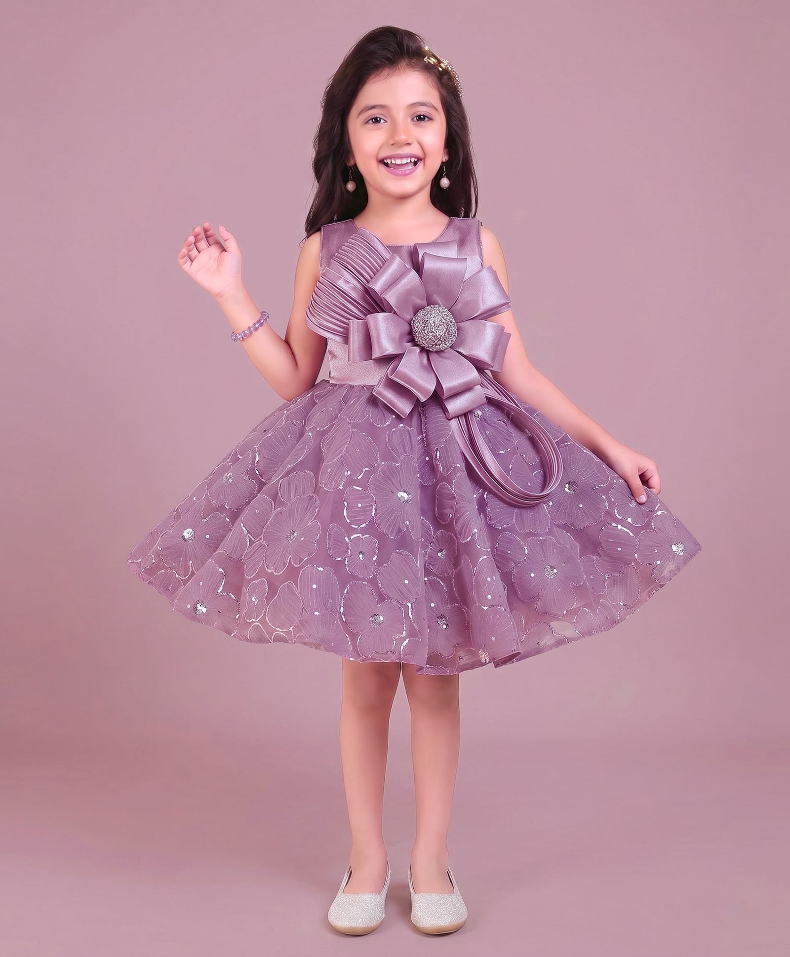 smile baby NX Tissue Knit Sleeveless Sequins Embellished & Floral Applique Detailed Dress - Mauve-image-12