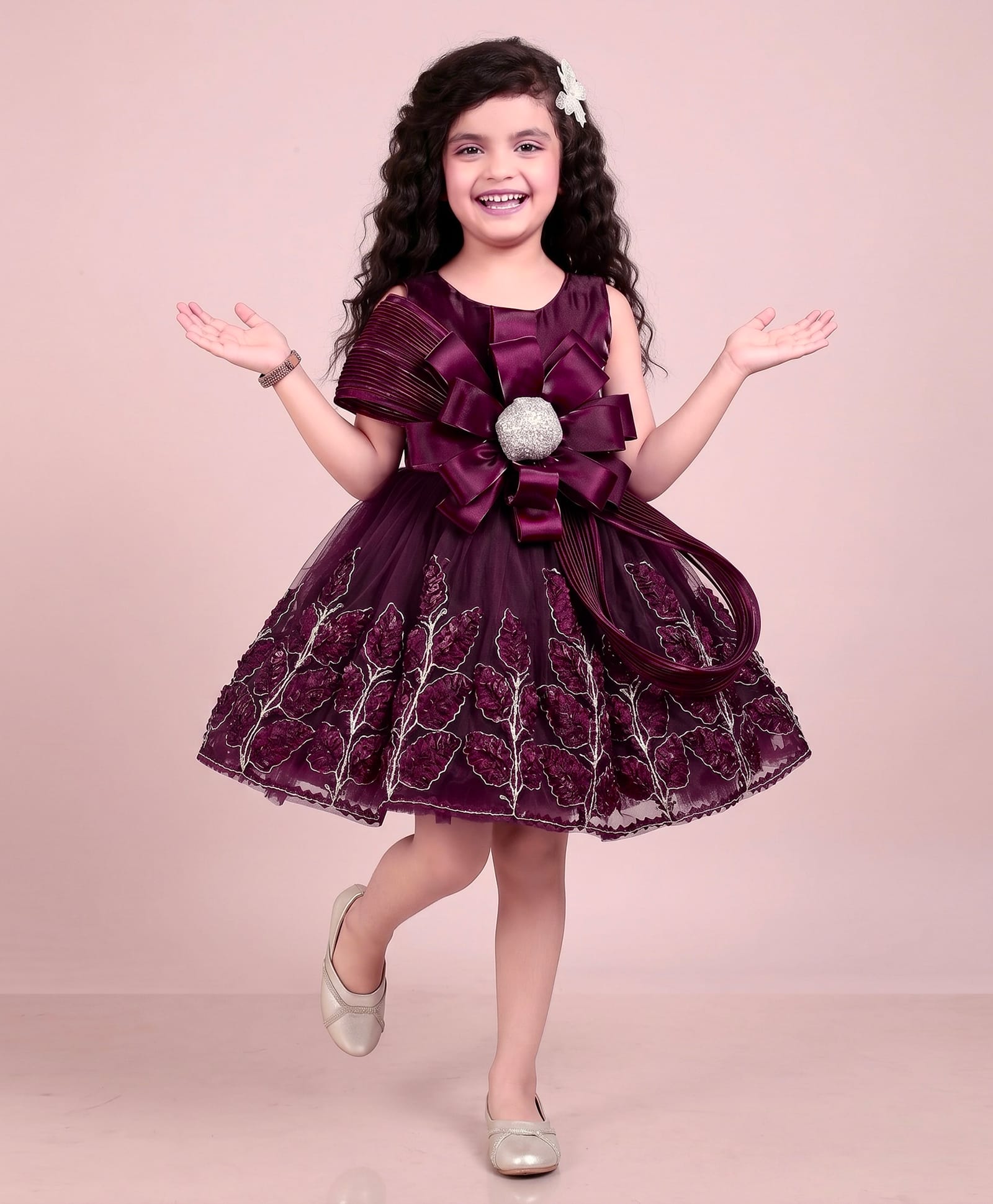 smile baby NX Tissue Knit Sleeveless Pearl Embellished Floral Applique & Thread Work Detailed Dress - Wine-image-21