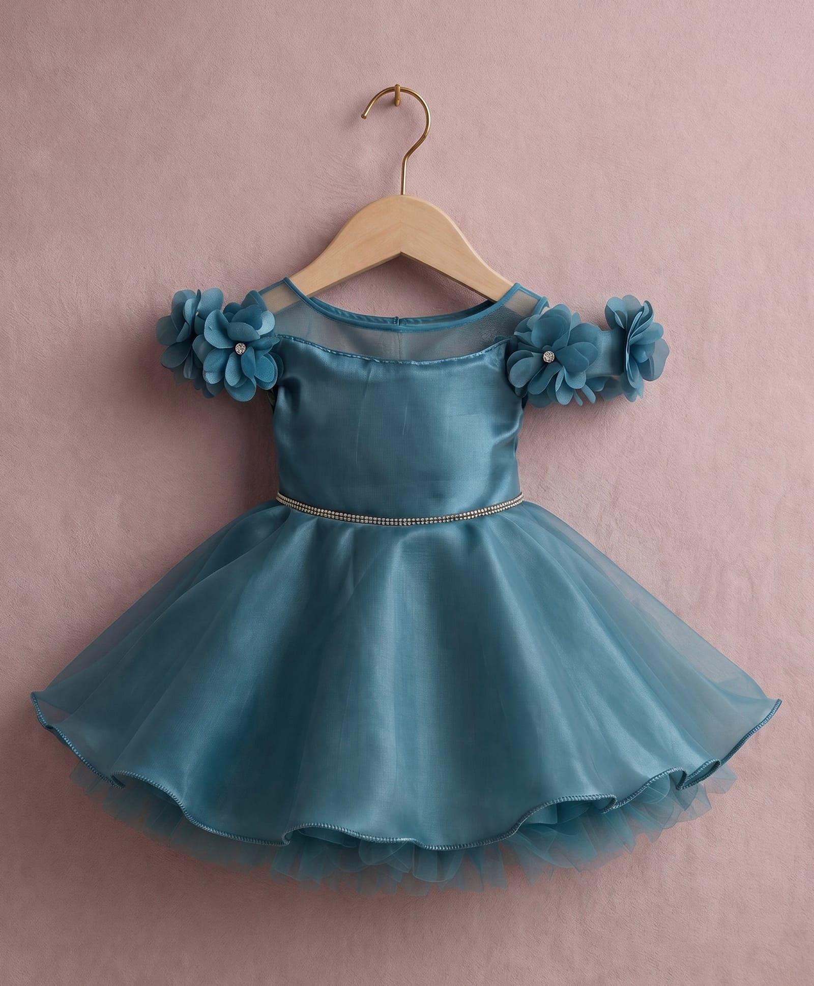 smile baby NX Tissue Woven Sleeveless Stones Embellished Floral Applique Detailed Dress - Teal Blue-image-42
