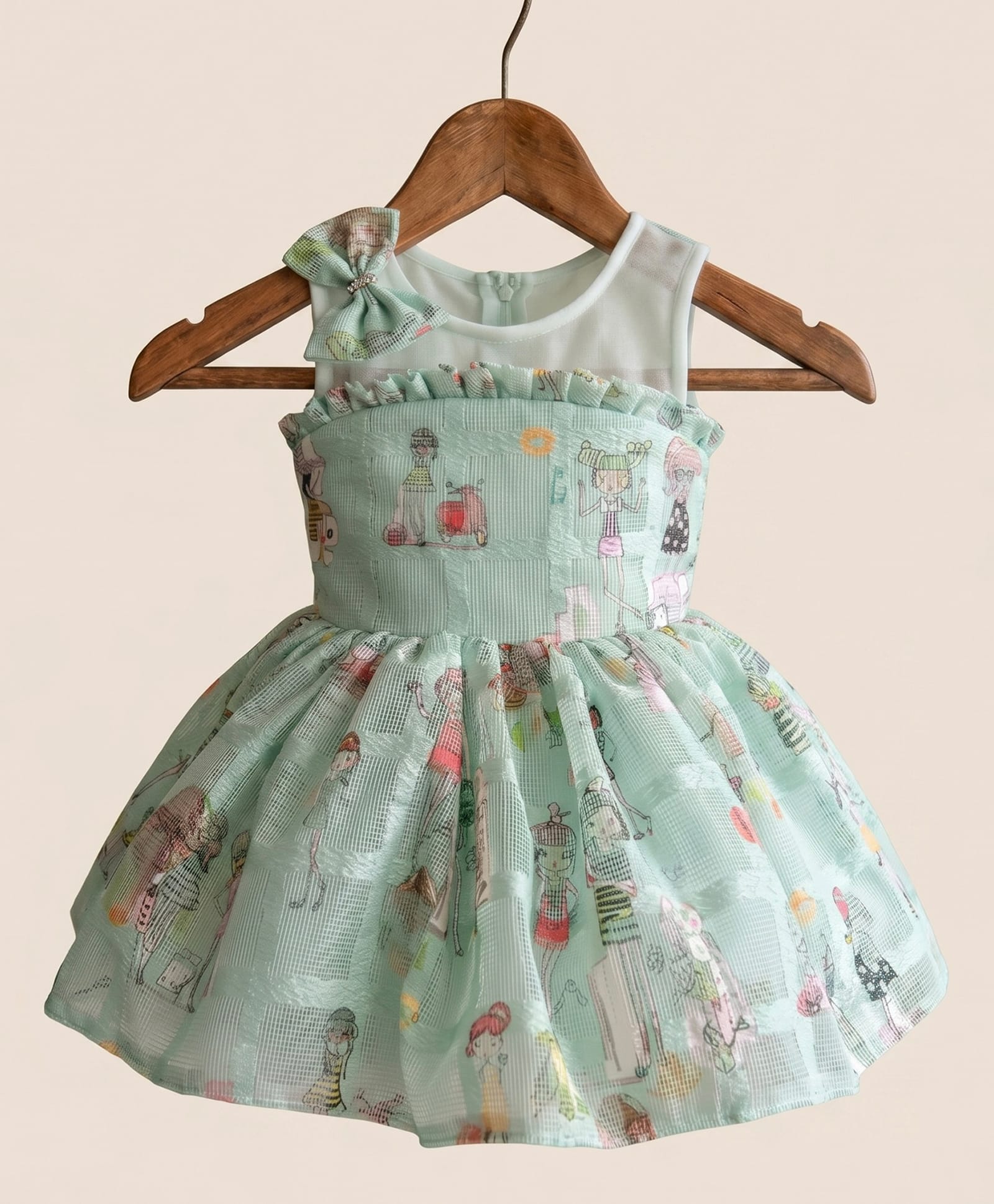 smile baby NX Woven Sleeveless Bow Applique Detailed Cartoon Printed Dress - Sea Green-image-32